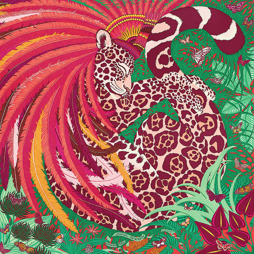 You can never go wrong with an Hermès silk twill scarf. This Jaguar Quetzal design was inspired by the 'jaguar warriors' of the Aztec army and the 'penacho' headdress that once belonged to the great Aztec ruler of the 16th century.