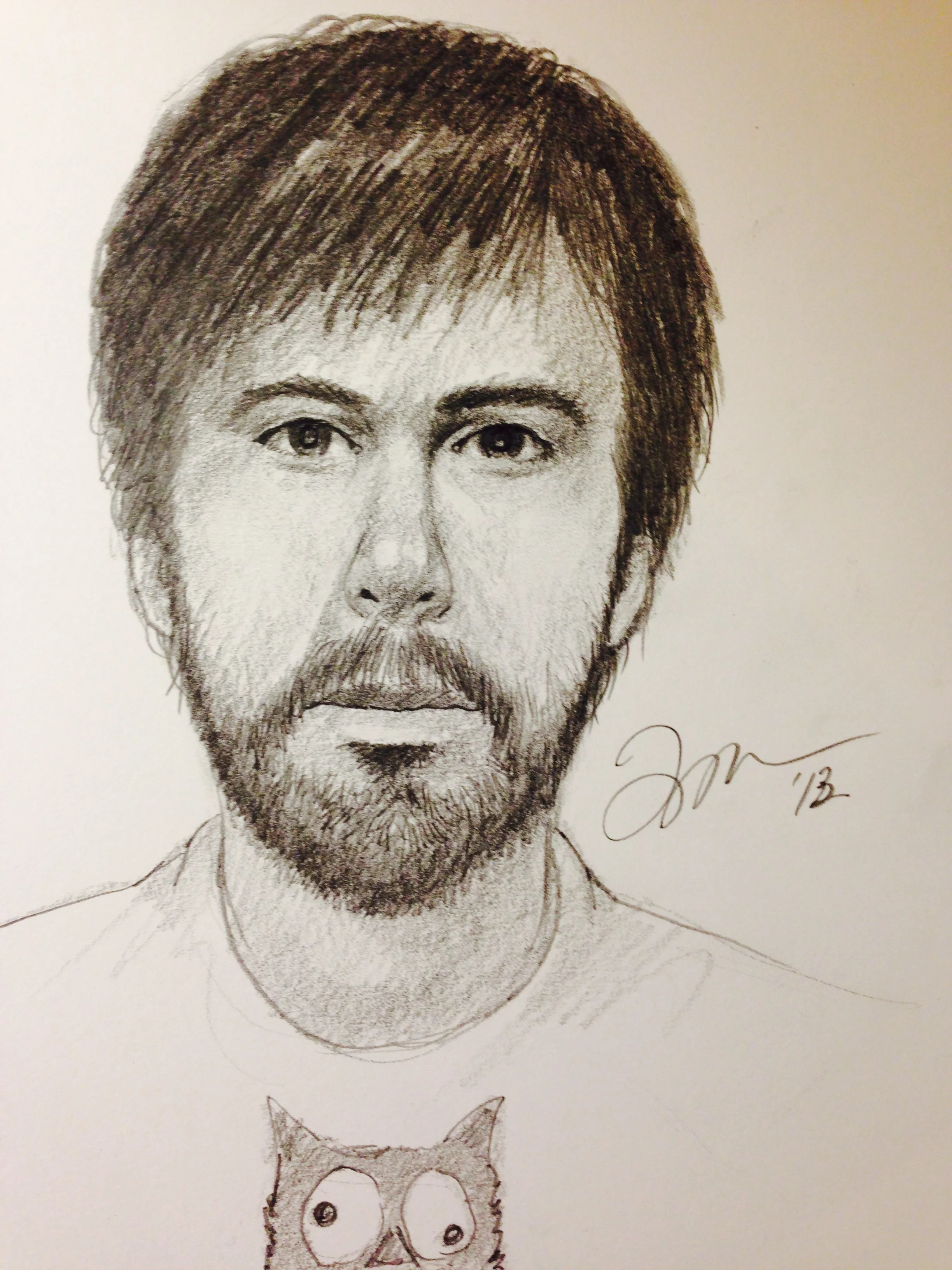 Zamora, Gil. Perspective sketch of man with owl shirt. 2013. Graphite on paper, 11" x 14". Private collection.