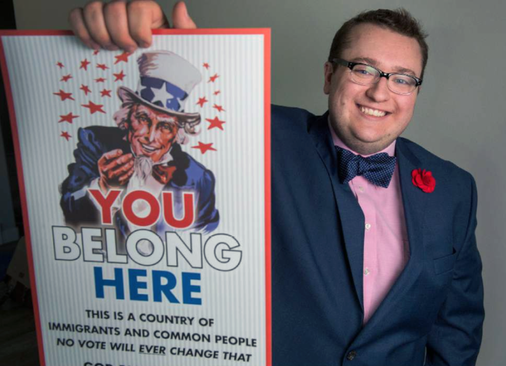 (Leah Hogsten | The Salt Lake Tribune) Austin Hudson, a graphic designer, made hundreds of "Uncle Sam" posters to tell immigrants, Muslims and others that "you belong here." Although Hudson had hoped to remain anonymous, friends and neighbors concluded he was the culprit and now hundreds have been placed throughout the community.