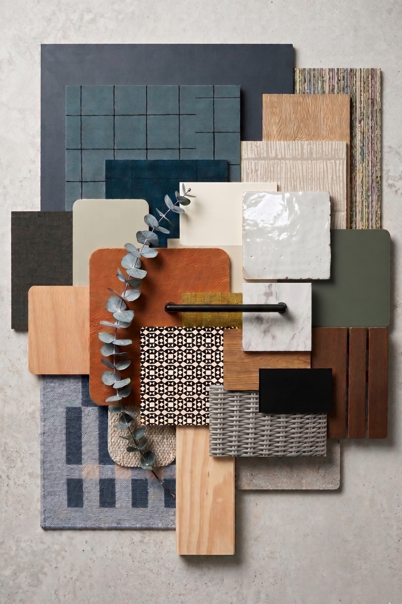 A collection of various tiles, textiles, and materials arranged on a light surface, including wood, marble, fabric, and ceramic pieces in different colors and patterns.