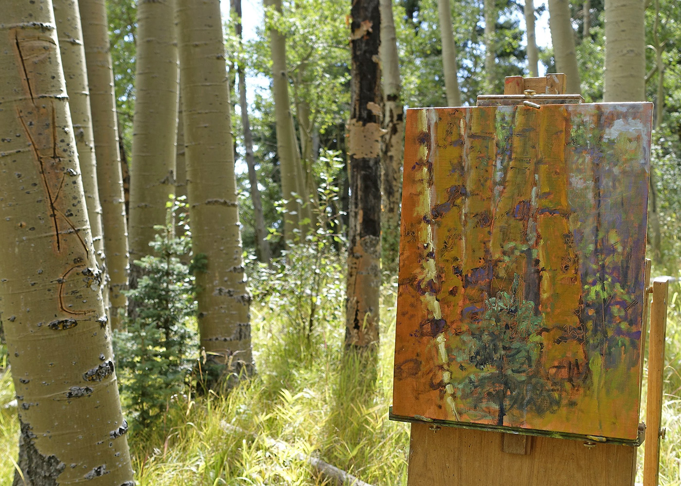 "The carved letters in the foreground left just happened to be there. While it is prominent in this photo, I didn't feel moved to give it any role in the painting."