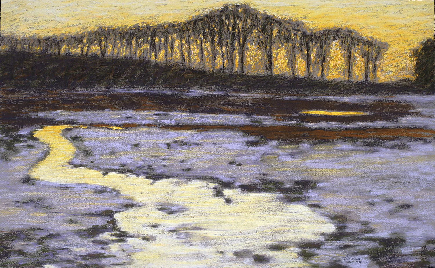 January Thaw | 1995 I was drawing a lot of my inspiration in the 90's from the farmland around Sparta, Michigan. Going out painting and photographing. I was very excited to catch the afterglow light reflected in the melting snow and creek. This is a pastel study. later a large oil was to come, from the slides I took at sunset.