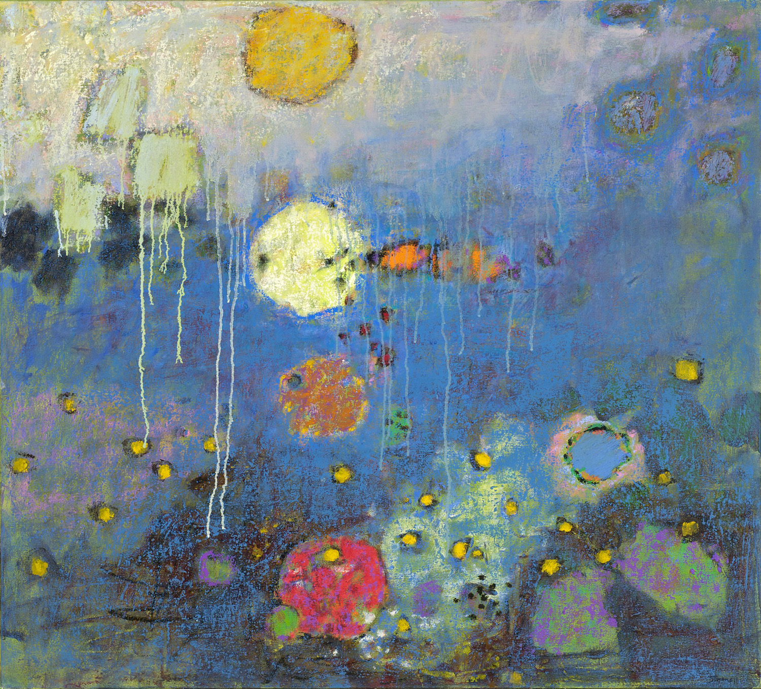 Down Deep | oil on canvas | 36 x 40" | 2011 Shapes suspended in space. I love seeing it in nature, especially space that has a viscous quality, like water. Like fish in an aquarium. The deep blue and black reminded me of an ocean underwater scene. The orbs could represent a number of things, the sun or moon cycles, fish, sea vegetation. These associations are only suggestive, and were not planned but evolved as the painting developed. The titles almost always comes after the painting is finished.