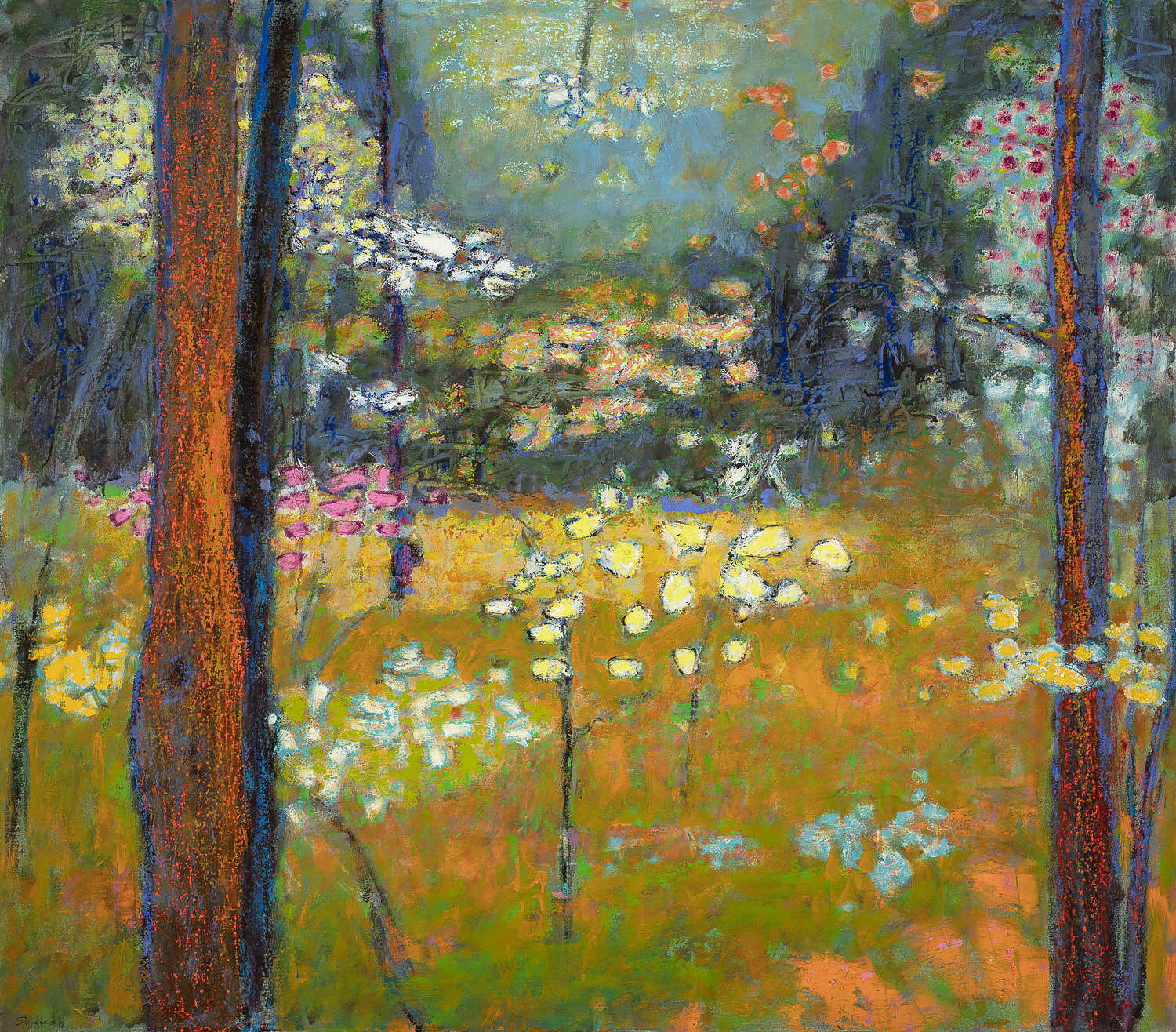 Spring | oil on canvas | 42 x 48" | 2018 Renewal. Life that’s been winter-dormant emerging with buds and blossoms of various hues visually floating in space as the branches blend in to the background. The rhythms are as musical as the bird songs that accompany them.