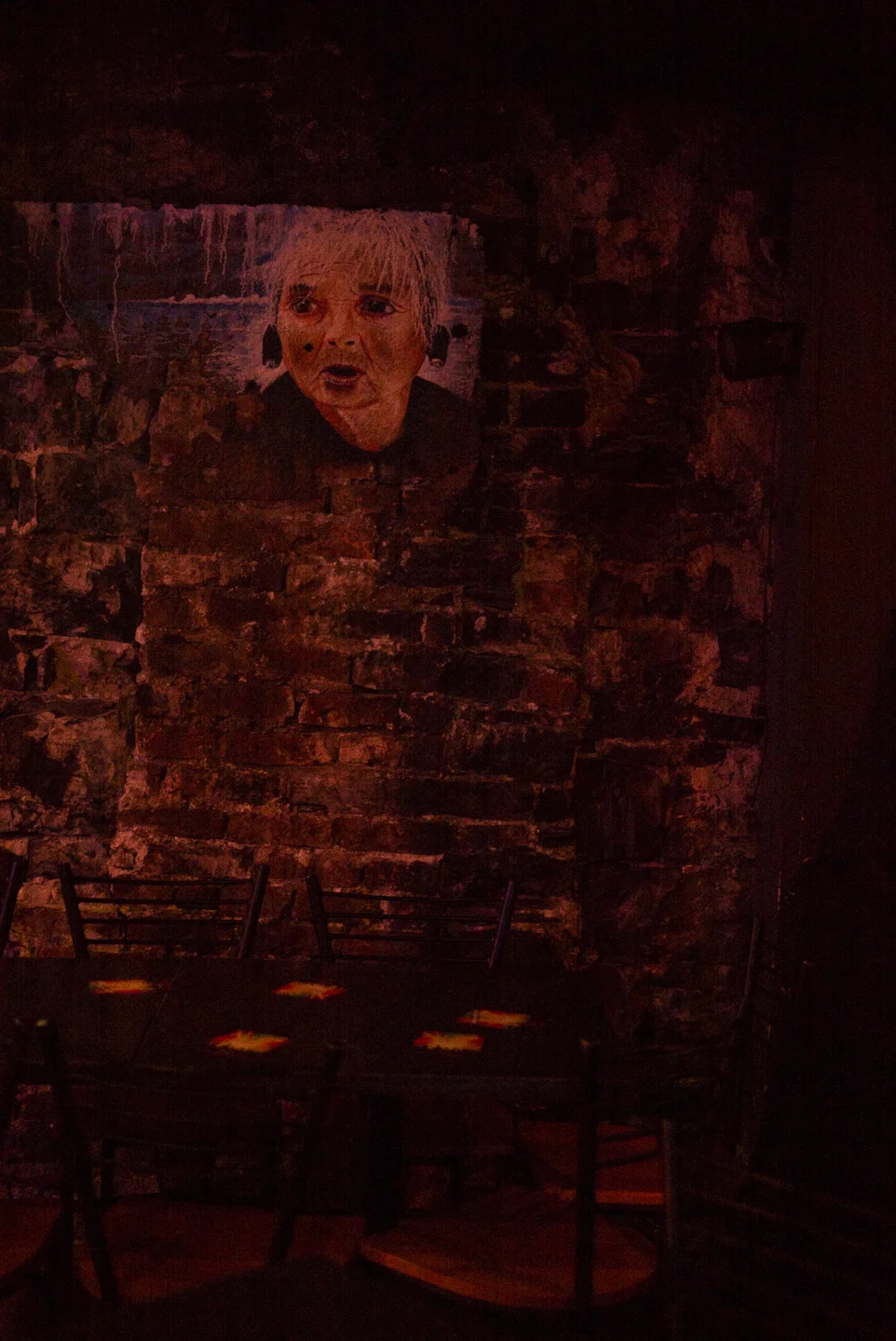 Paintings of First Nations peoples hung in the karaoke bar. Québec City, Québec 2016