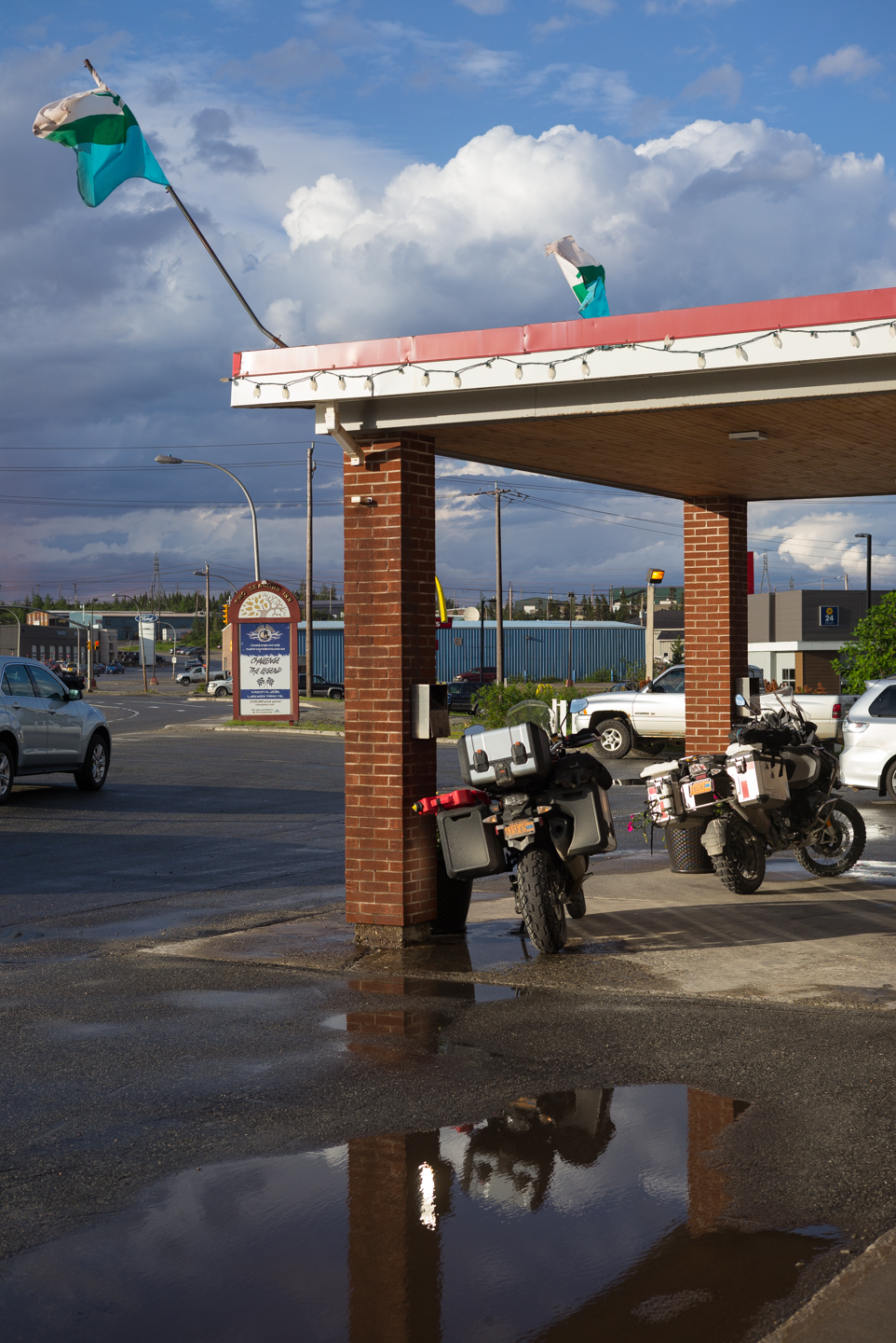 Labrador flags flying atop the Two Seasons Motel. Labrador City, Labrador 2016