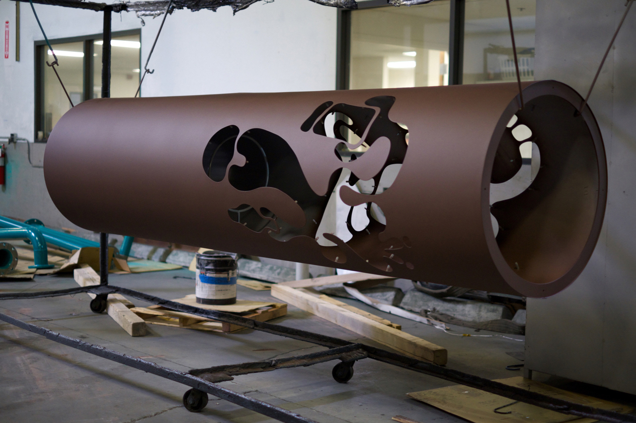 Here's a freshly painted pillar hanging at Reliable Powder Coating in Oakland!
