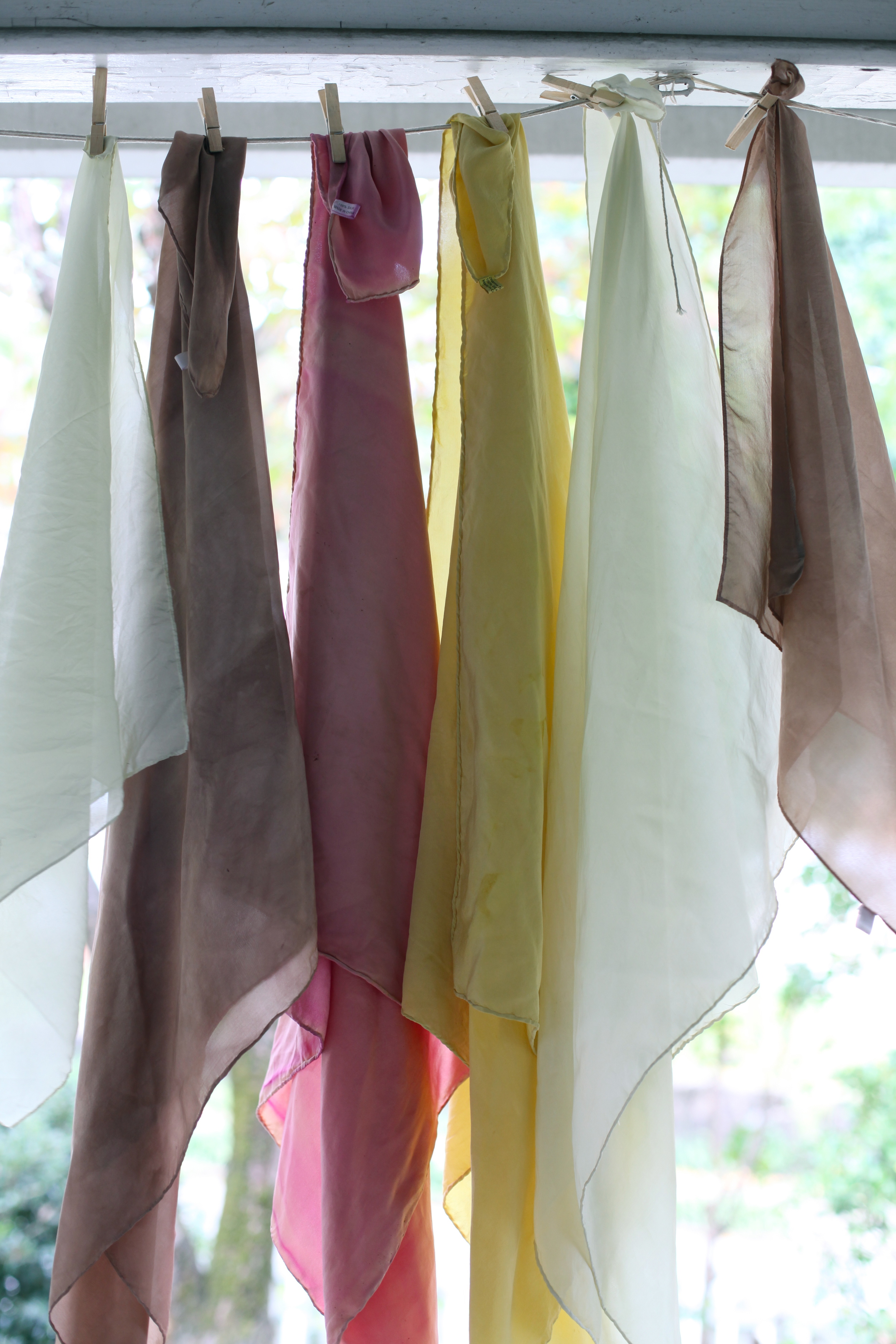 Naturally dyed silk with fennel, turkey tail mushroom, pokeweed berry, + goldenrod