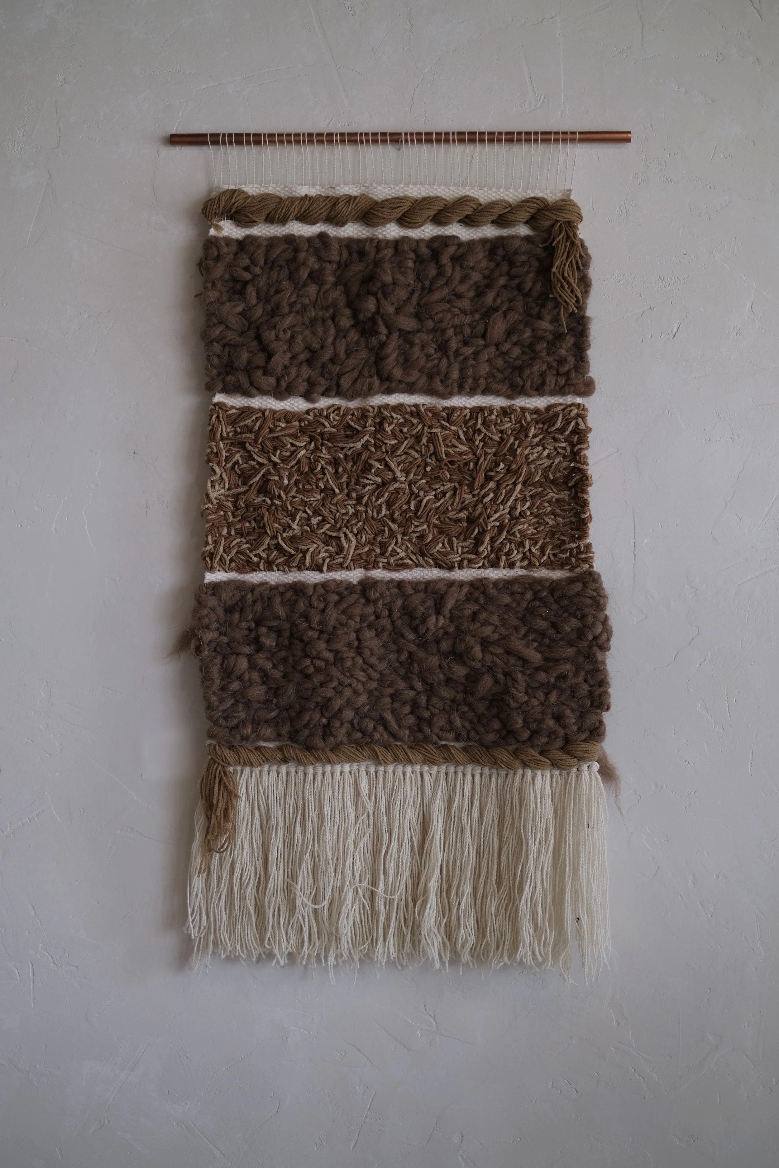 FEED WEAVE art piece made of fiber dyed with expired coffee. Hand crafted by Maggie Pate of NÅDE STUDIO