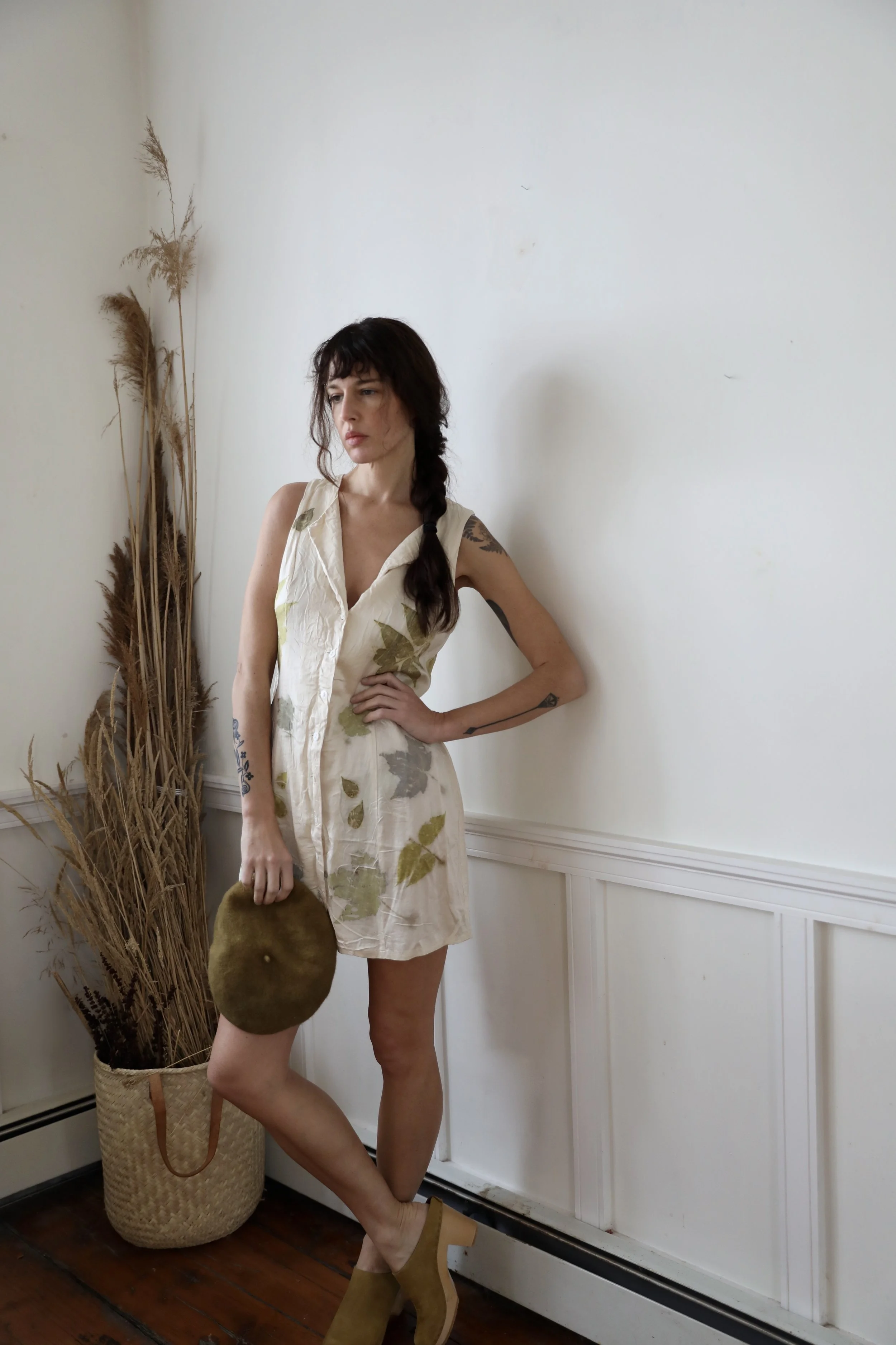 Eco-printed Wood Nymph Short Silk Dress by NÅDE STUDIO