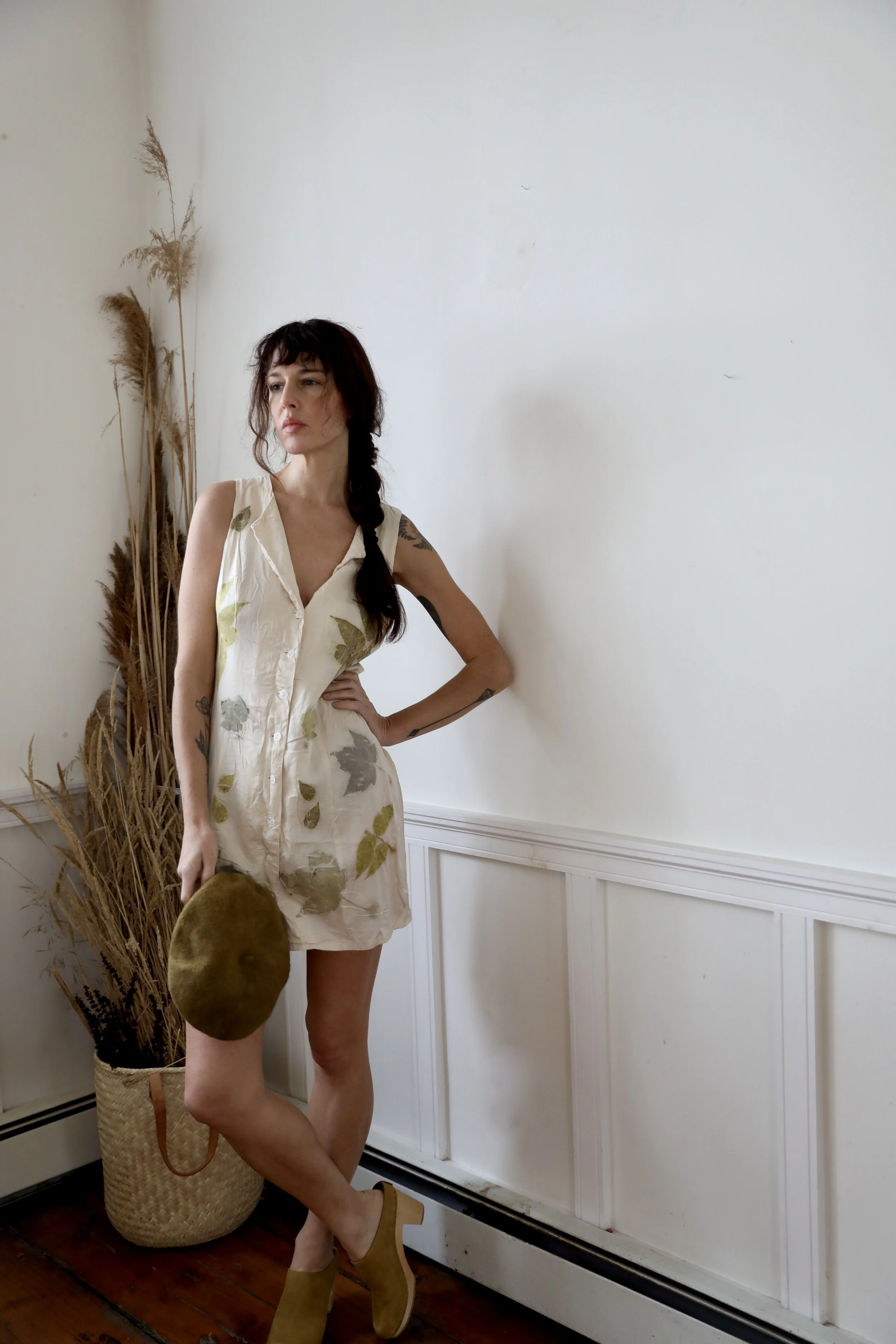 Eco-printed Wood Nymph Short Silk Dress by NÅDE STUDIO