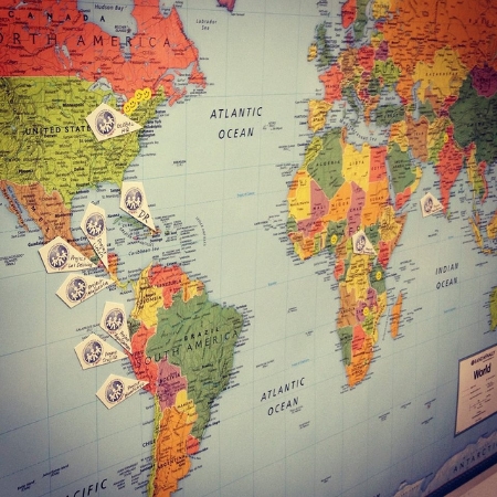 A map at HQ that indicates where our project sites are located around the globe!