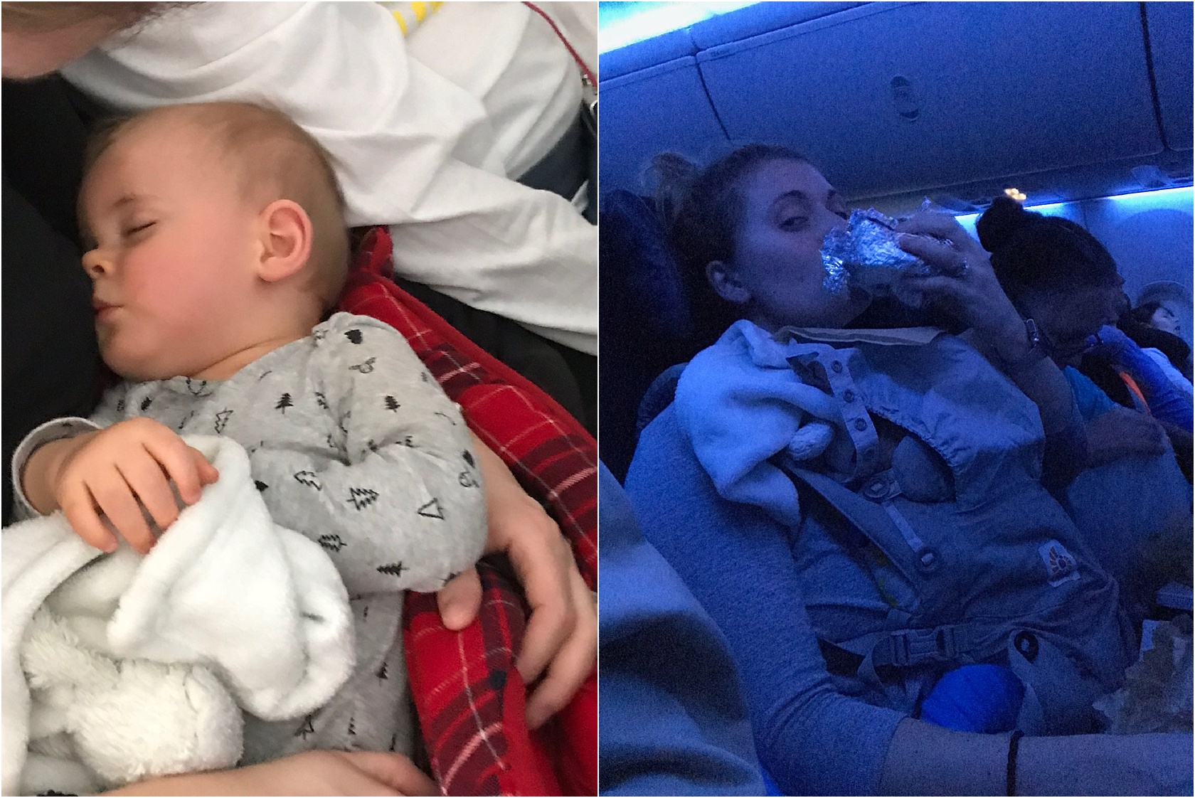 This is me trying to eat on the red eye flight back to Baltimore... trying not to wake my kid!