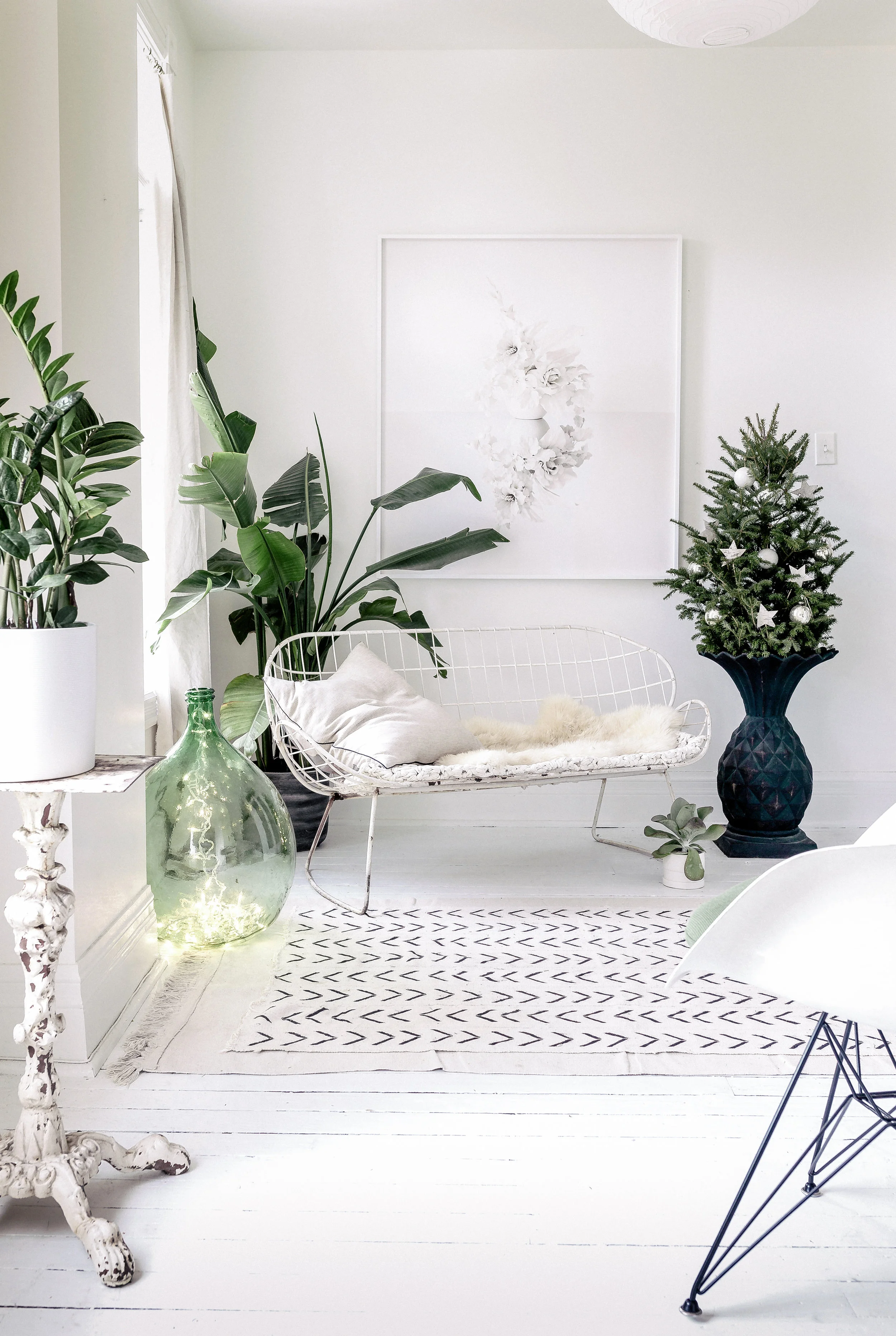 Styled, Christmassy vignette in my home studio. Art on wall - Blurred Line II