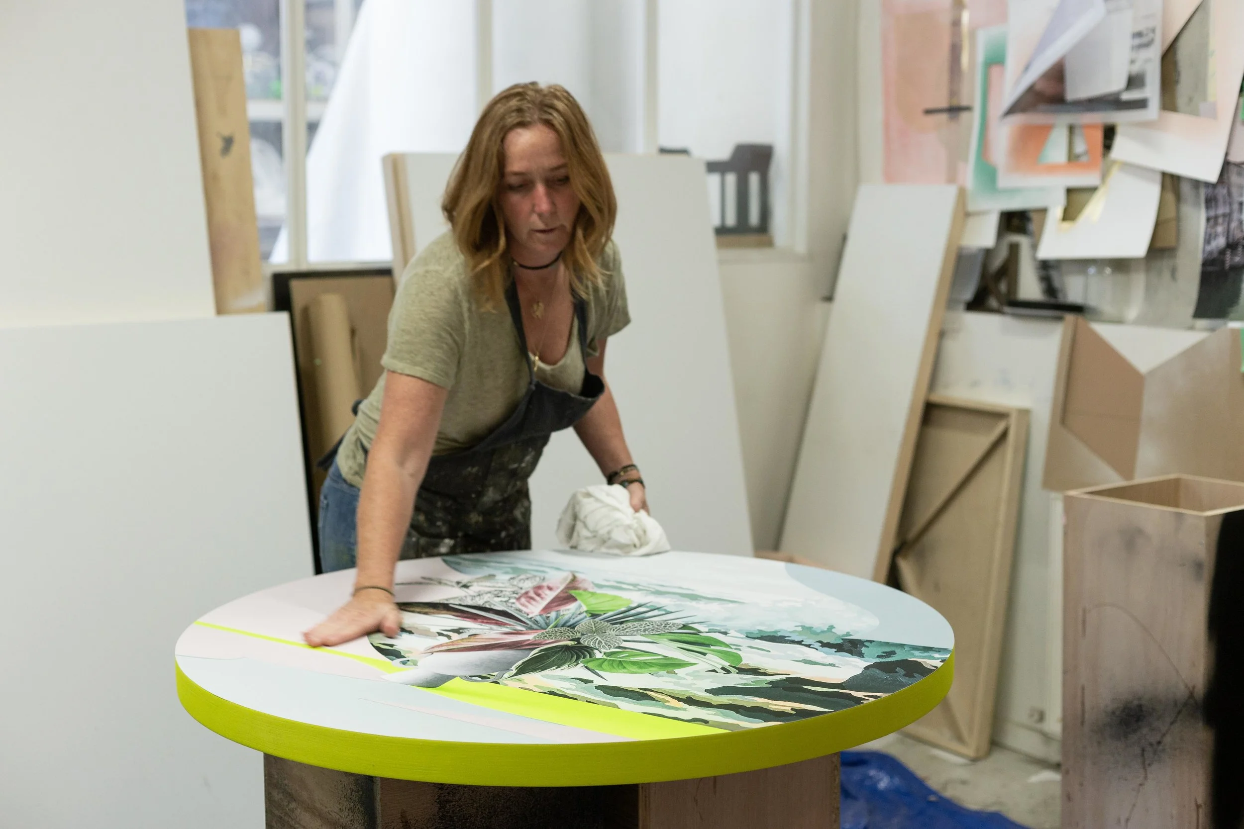 Christine Flynn, prepping Botanica prior. No dust allowed!