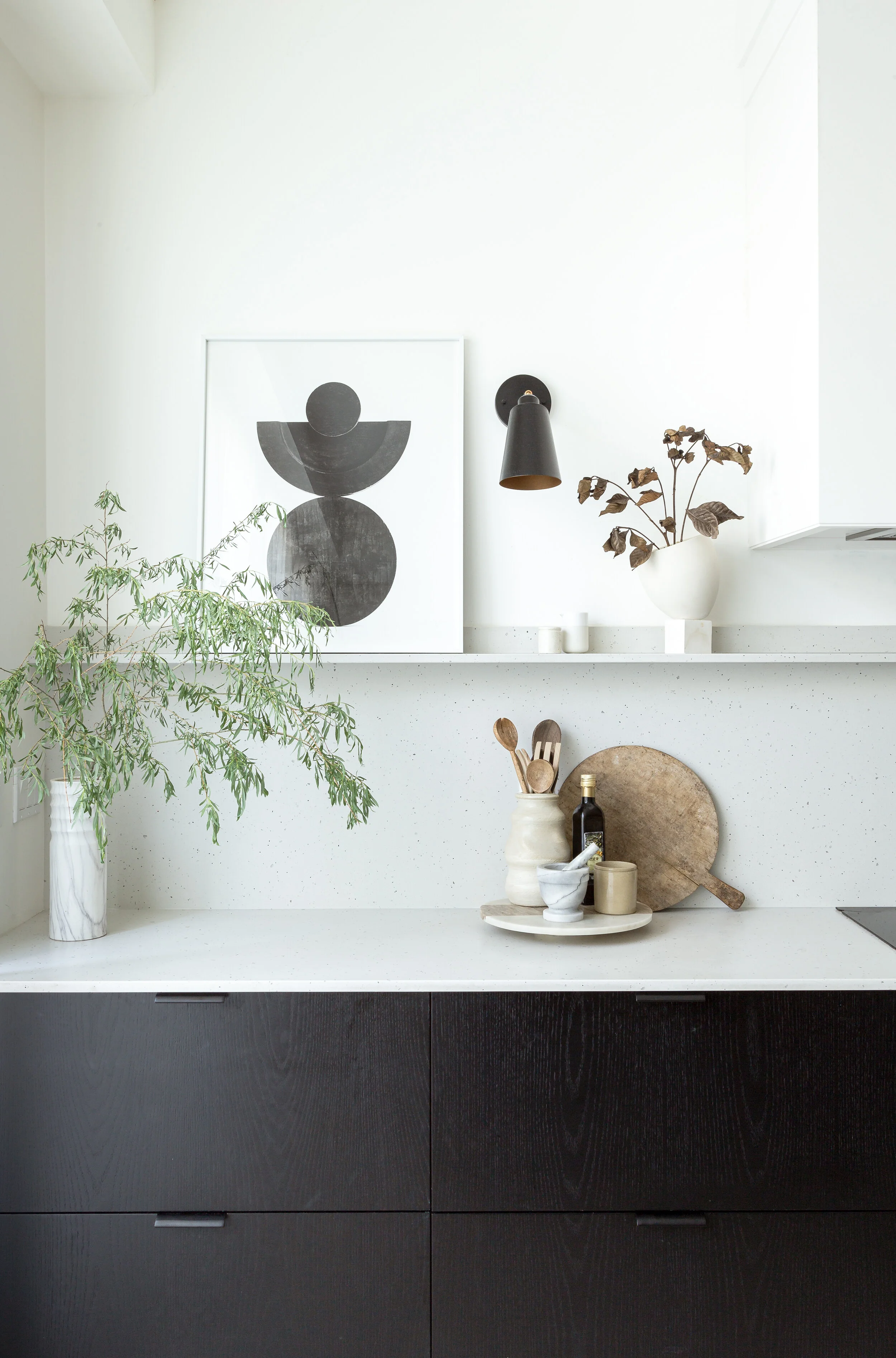 This shelf applies itself to hold my artwork, my favourite ceramic vessels and foraged finds.