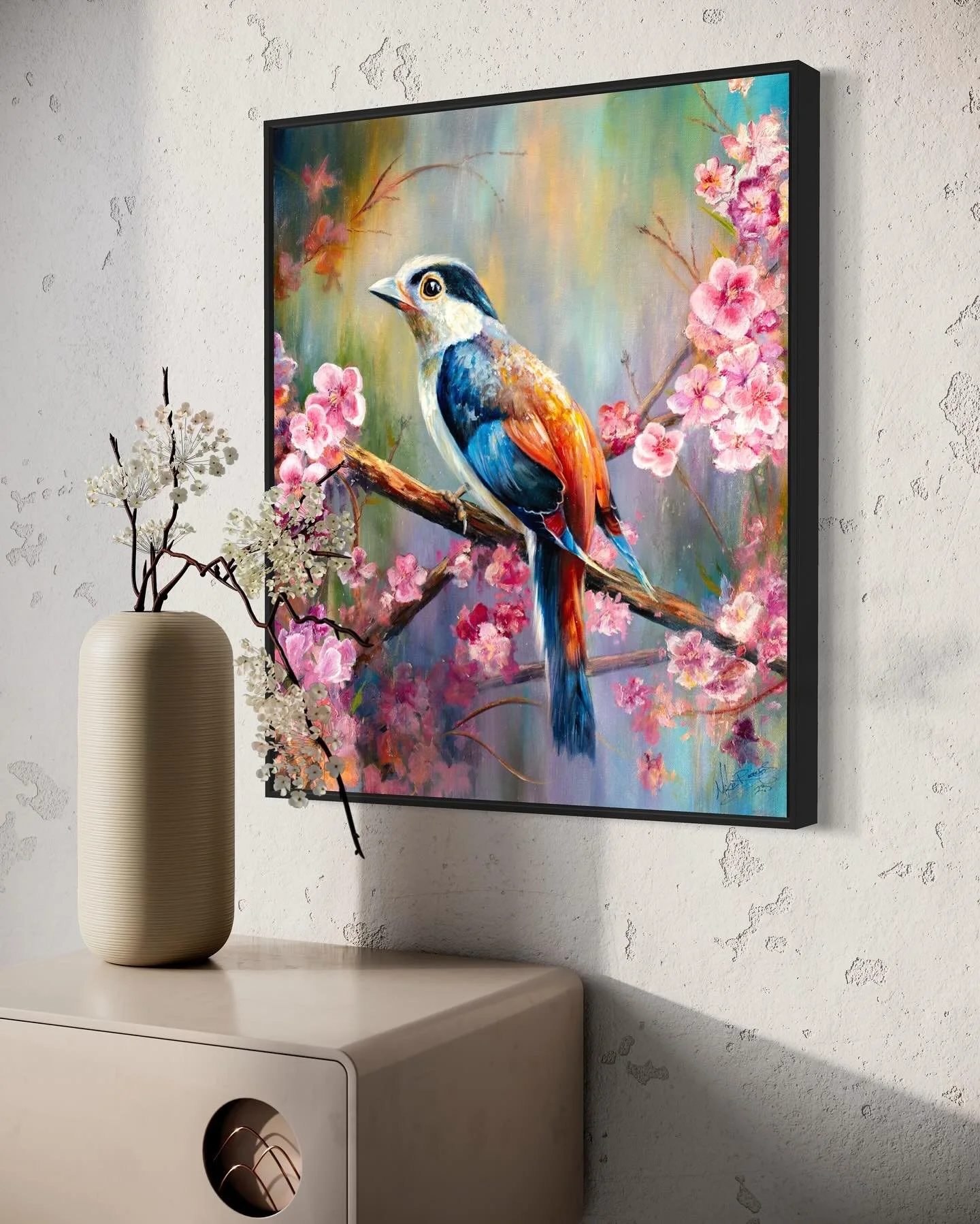 This oil painting I created was a long-standing project. I initially created the bird many years ago, but at the time, I considered it finished with a simple green background and no flowers. It hung on the wall of my classroom for years, and although