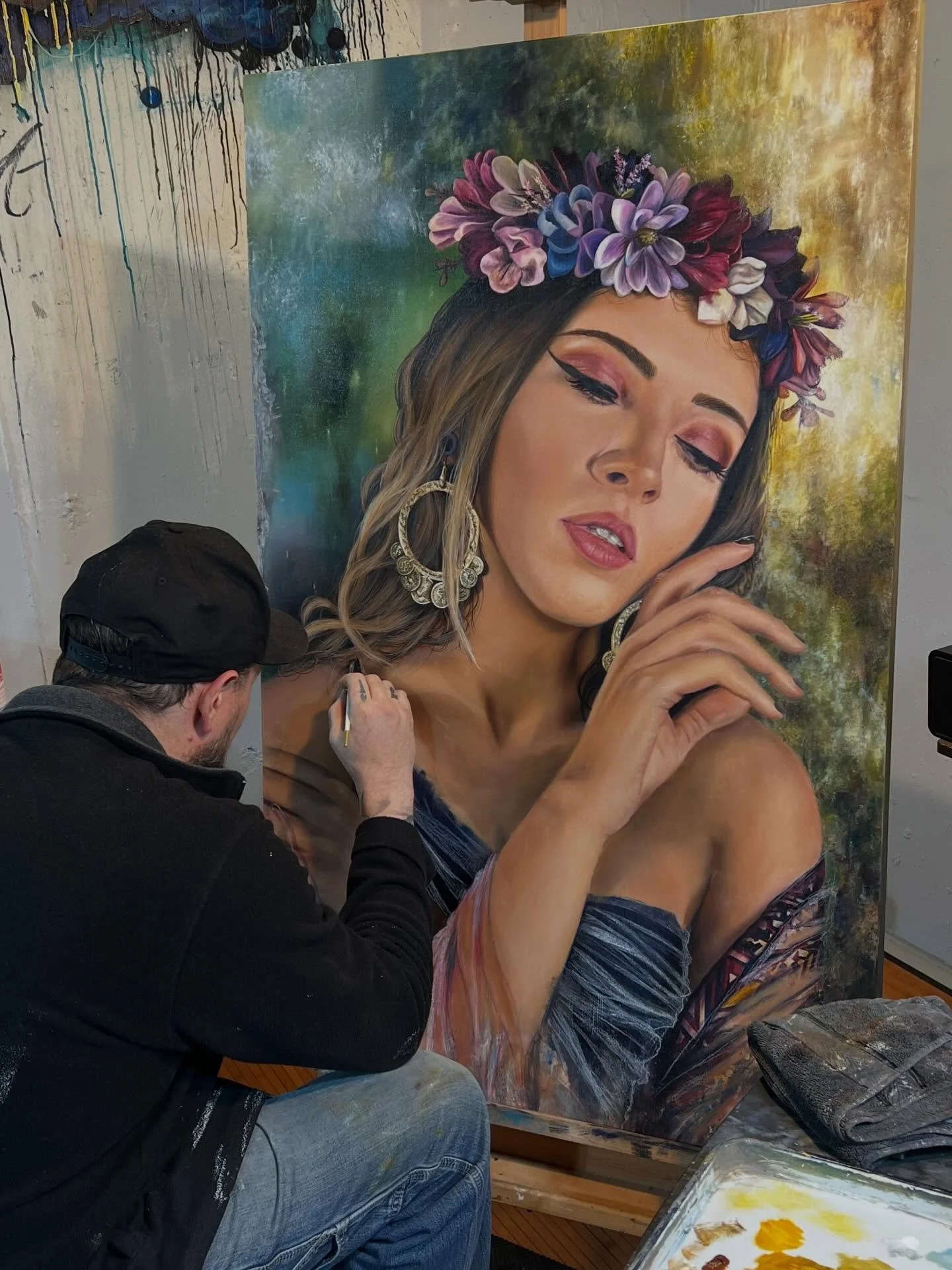 Snow day in the studio. Pulled out an old painting from before Covid and decided to transform it into Persephone, the Greek goddess of spring and queen of the underworld. New clothing, new background, new vibe. Spent the day working on it and it&rsqu