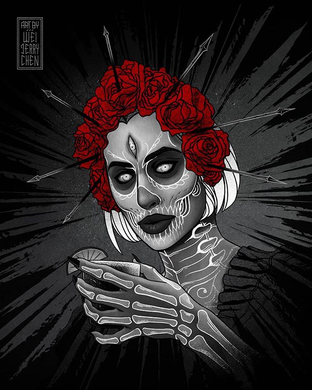 My guy @rosskillz asked me to make his girl a deadass queen for the @cuervofestnyc &quot;Dia De Los Muertos&quot; Halloween party 🌹💀
.
Swipe to see details and the full design
.
.
.
#weijerrychen #illustration #sugarskull #diadelosmuertos #hallowee