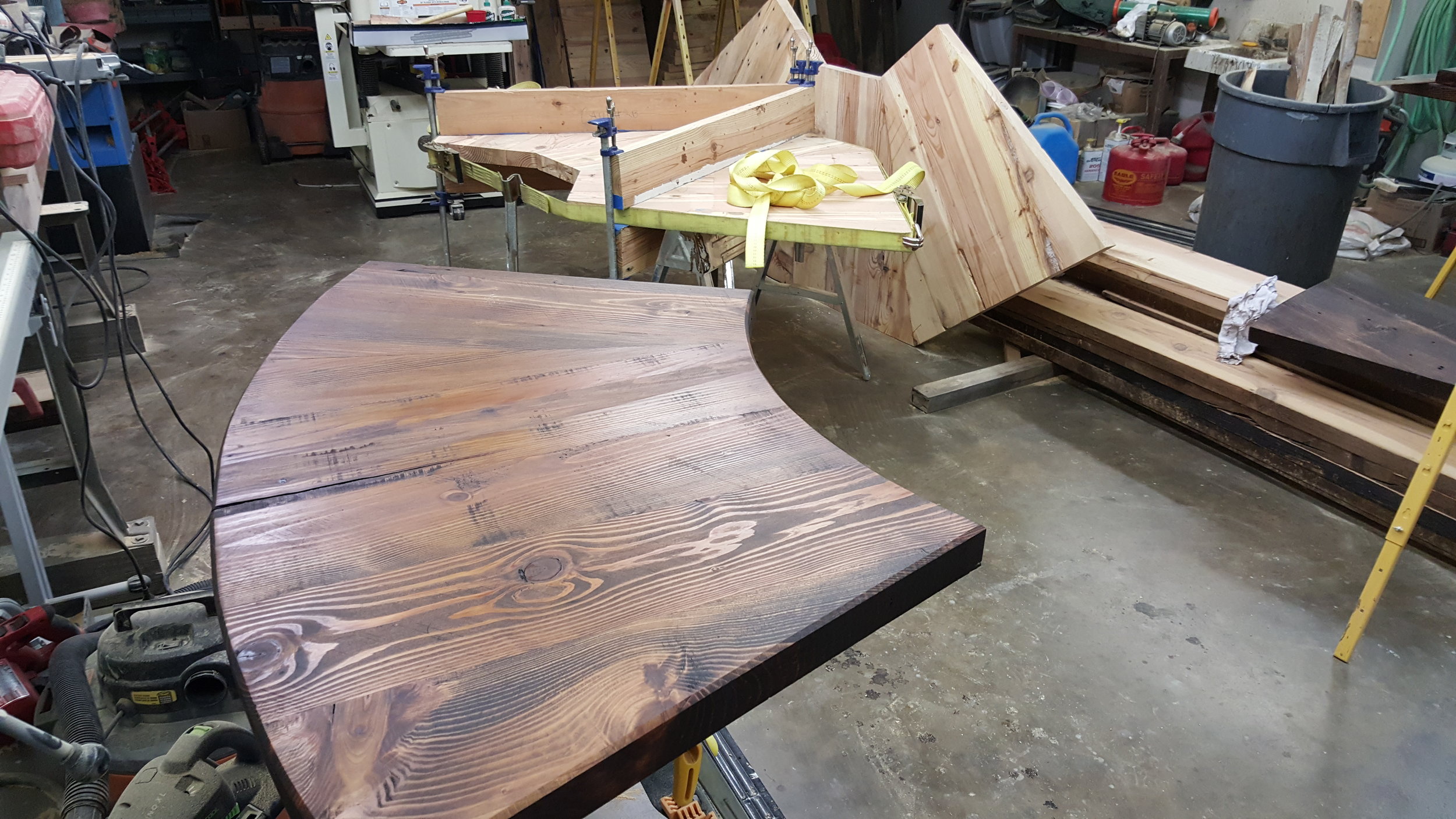  Background: Inventive clamping measures were taken.  Foreground: The stained ADA portion of the counter before top coat. 