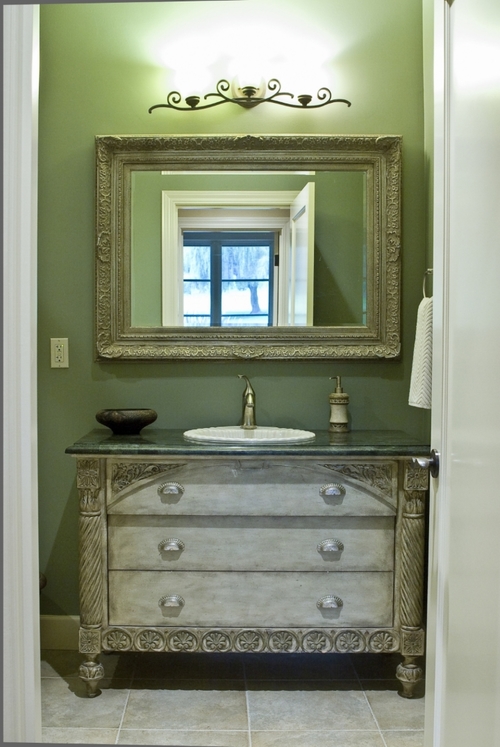 The verde marble top was a remnant. The end result is true beauty on a budget.
