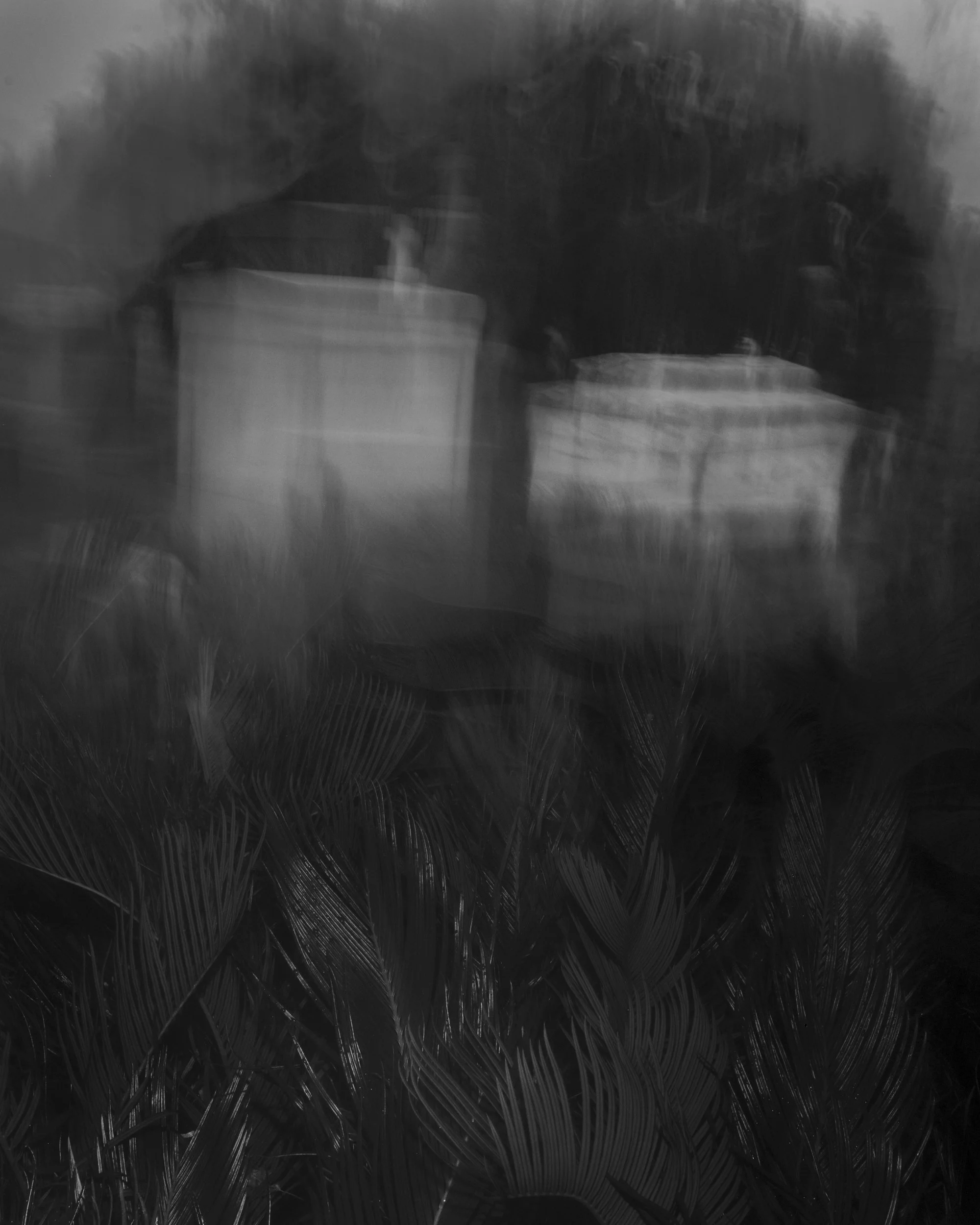 Black and white image of a distant house with a tall chimney, surrounded by trees, viewed through a glass window with streaks and smudges.