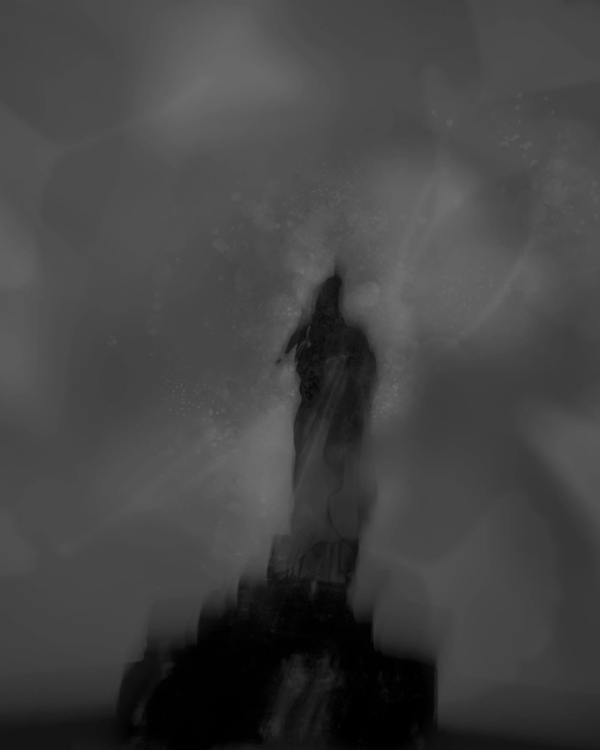 A person standing in ankle-deep water, facing away, with a silhouette standing behind them, both in a dark and rainy environment.