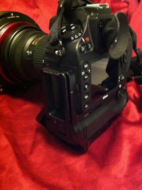 The Really Right Stuff L bracket on the side of the camera. Because I use the extra battery pack, I had to order the correct bracket.