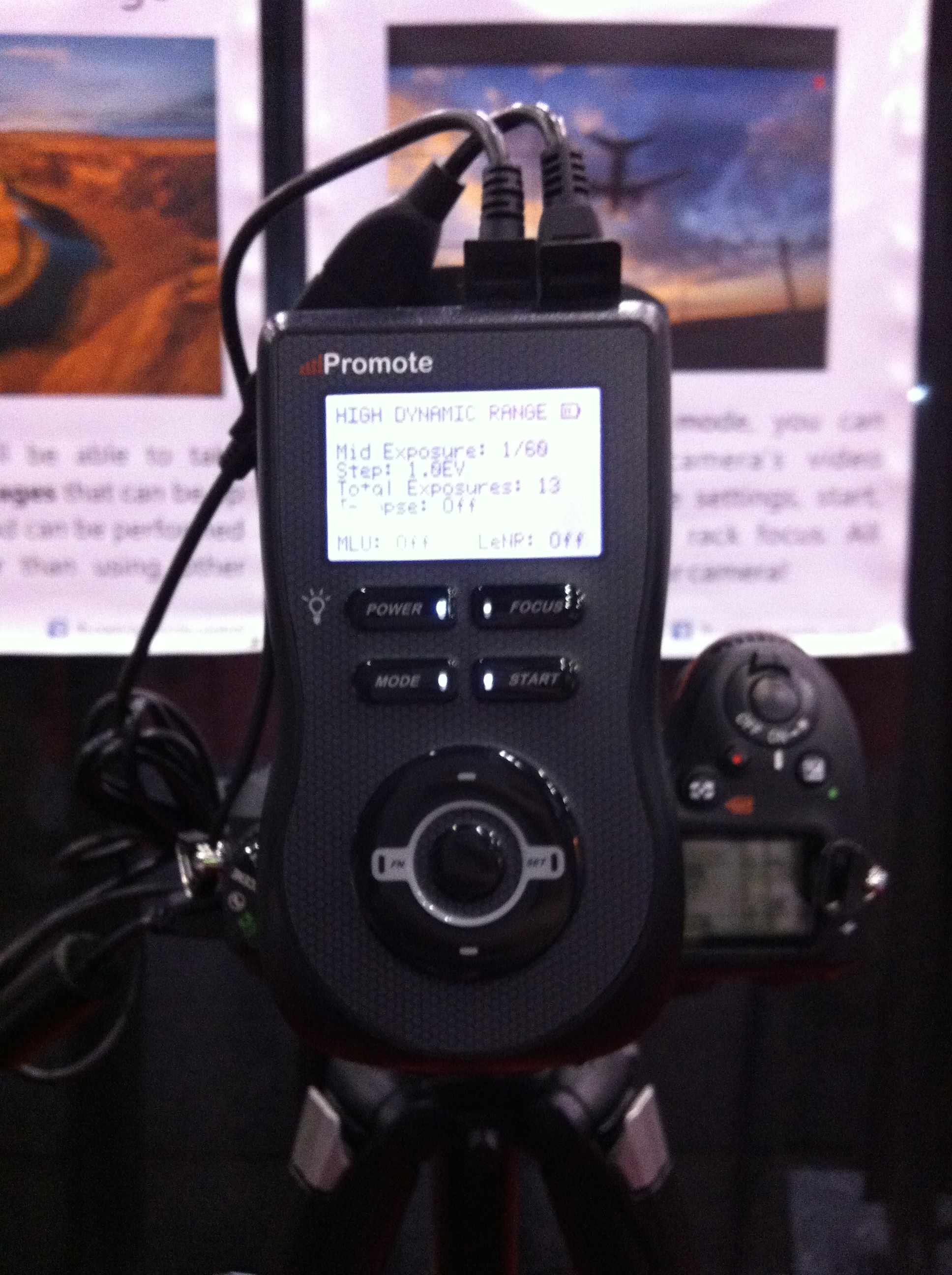 The Promote Control mounted on top of a Nikon D7100 camera on the show floor. It's a very easy to use tool with intuitive controls. Very cool!