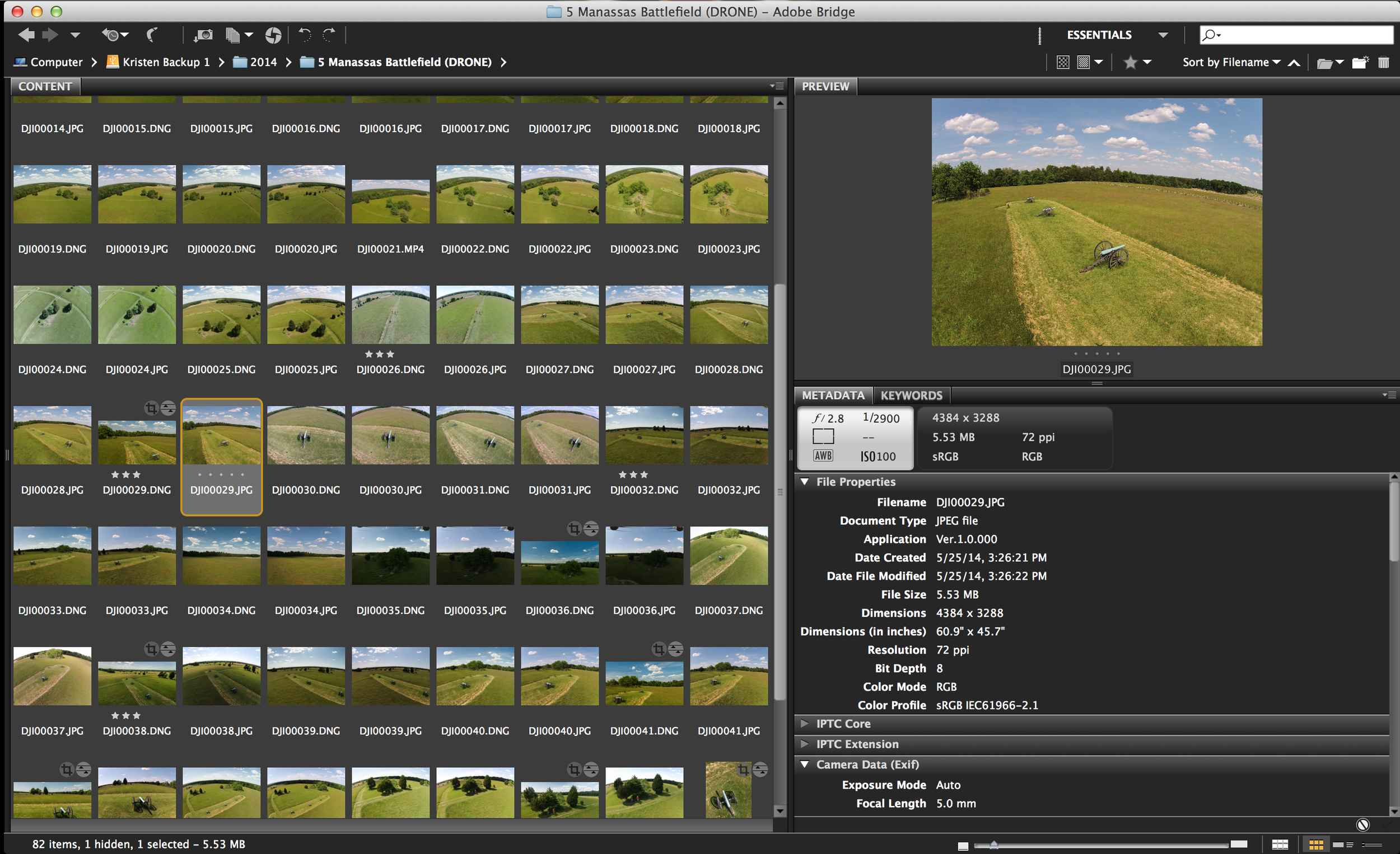 Metadata on one of the .JPEG files from the drone. Notice how low the bit depth is compared to the RAW .DNG file below. Also note how vibrant the colors are in the JPEG because the camera choose those settings - and then deleted all the other data!