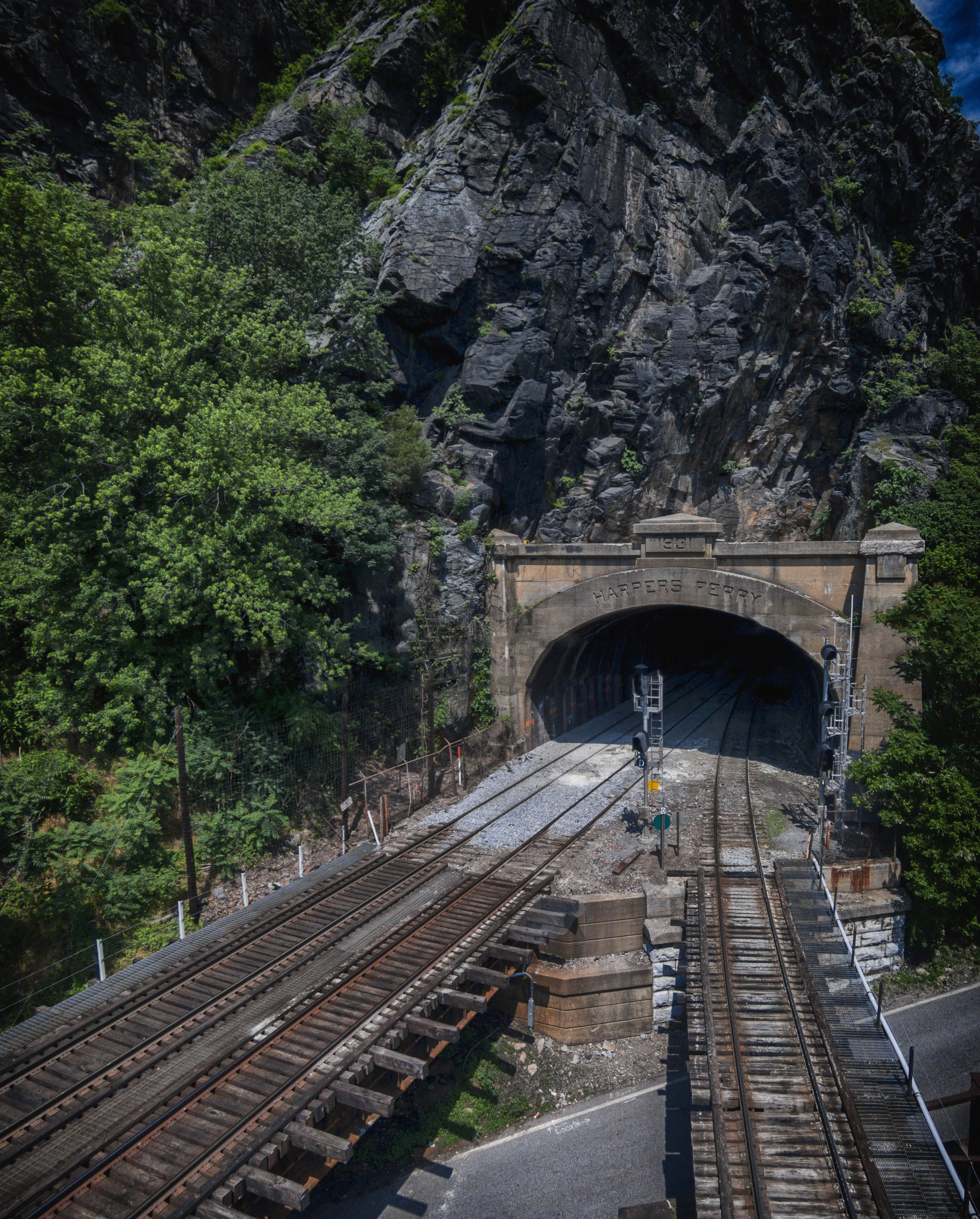 The Harpers Ferry train tunnel, as seen from above via a DJI Phantom Vision 2+ quadcopter.