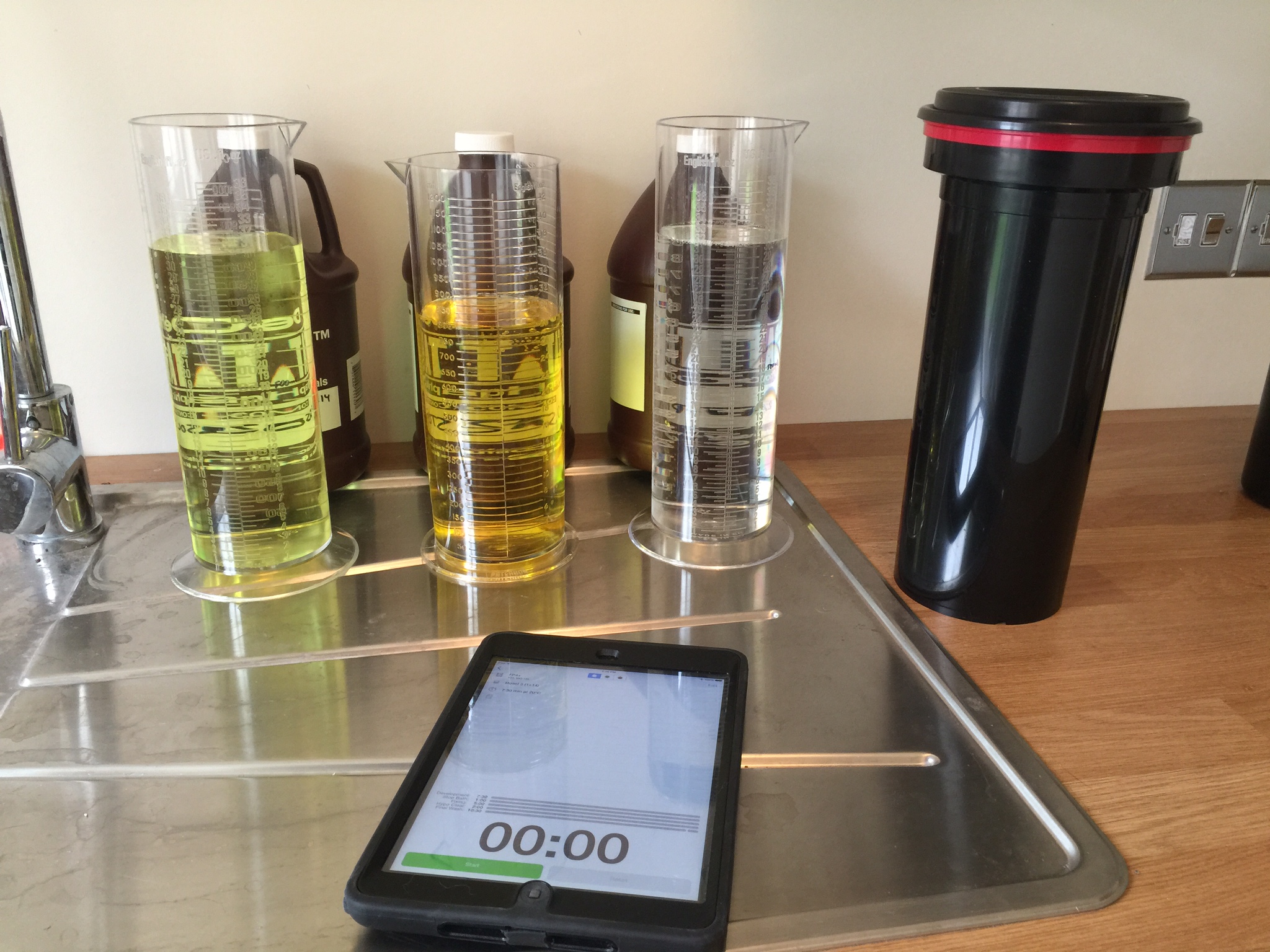 Developing a roll of 35mm Adox Silvermax 100. I measure all of the chemistry first and use the MassiveDev app on my iPad as a timer. Film is loaded into a Paterson tank.