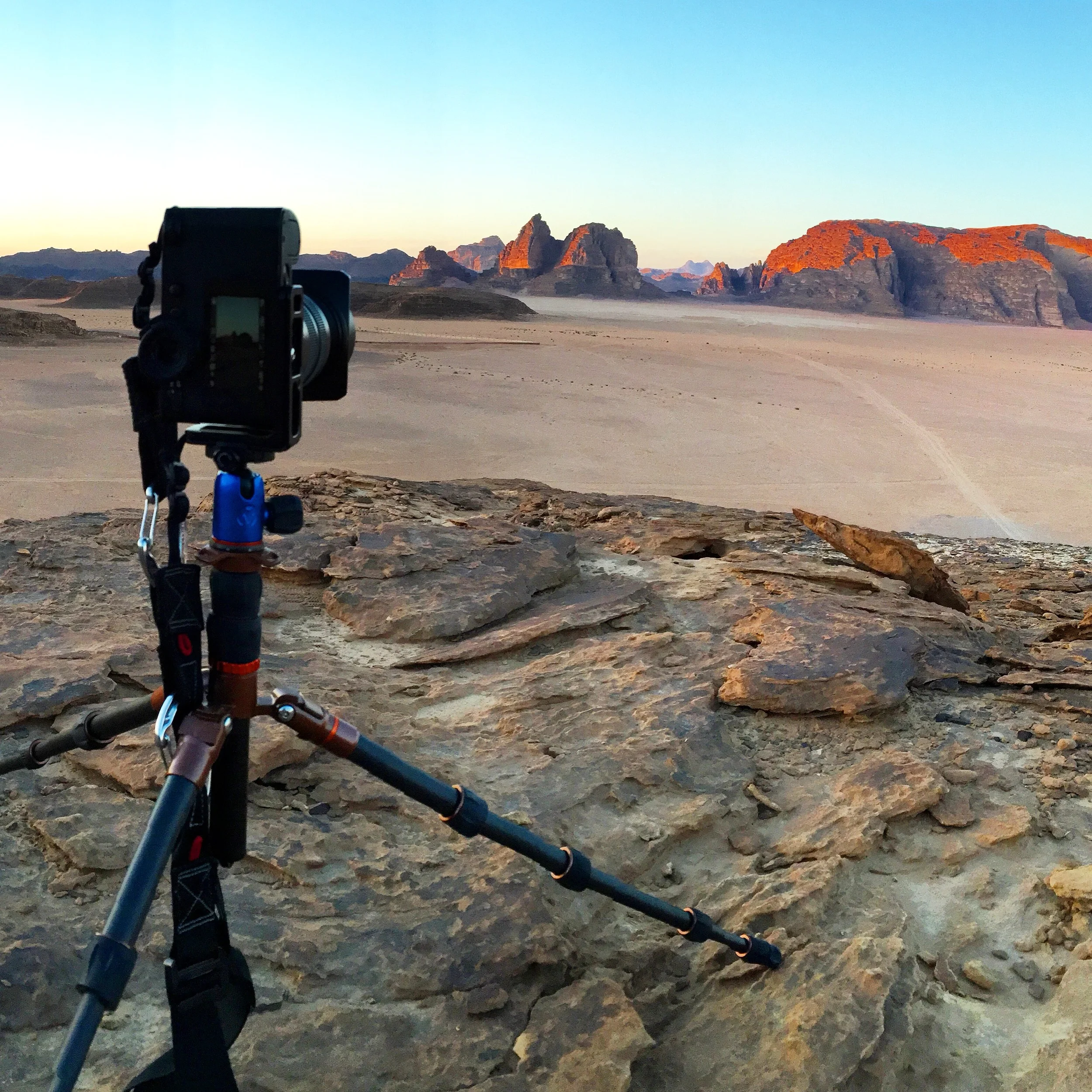 The Leica SL shooting out into the desert of Jordan. The 3 Legged Things tripod is barely able to hold the SL (you can see the legs are bending), but it is a compact travel tripod!