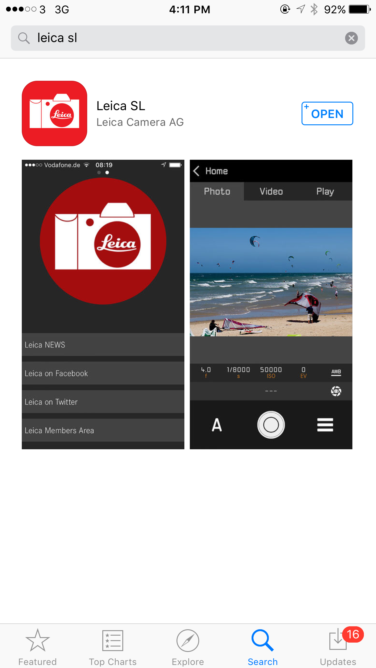 The Leica SL App seen in the Apple App Store
