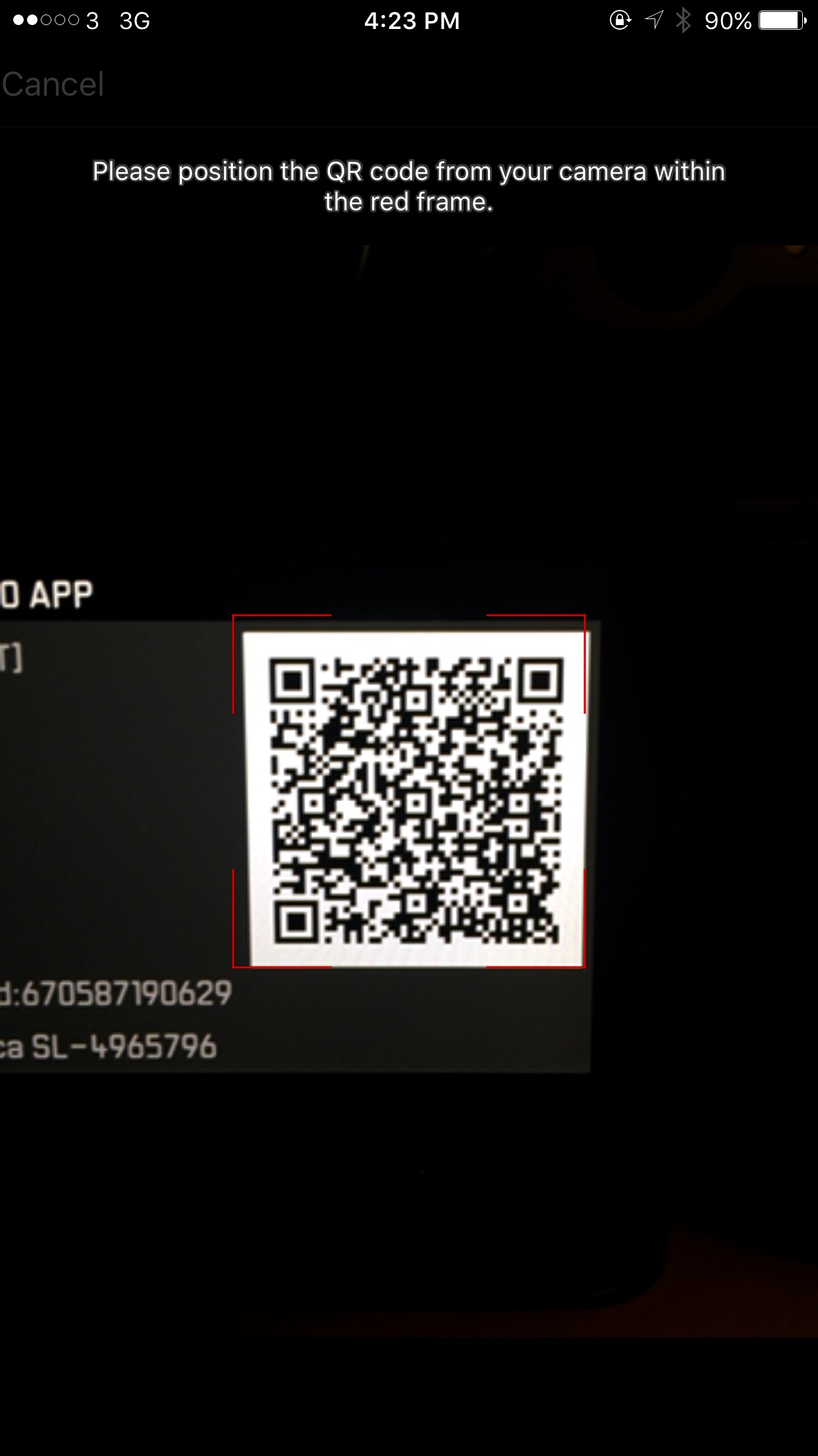 The screen to have your phone read the QR code on the back of the SL screen.