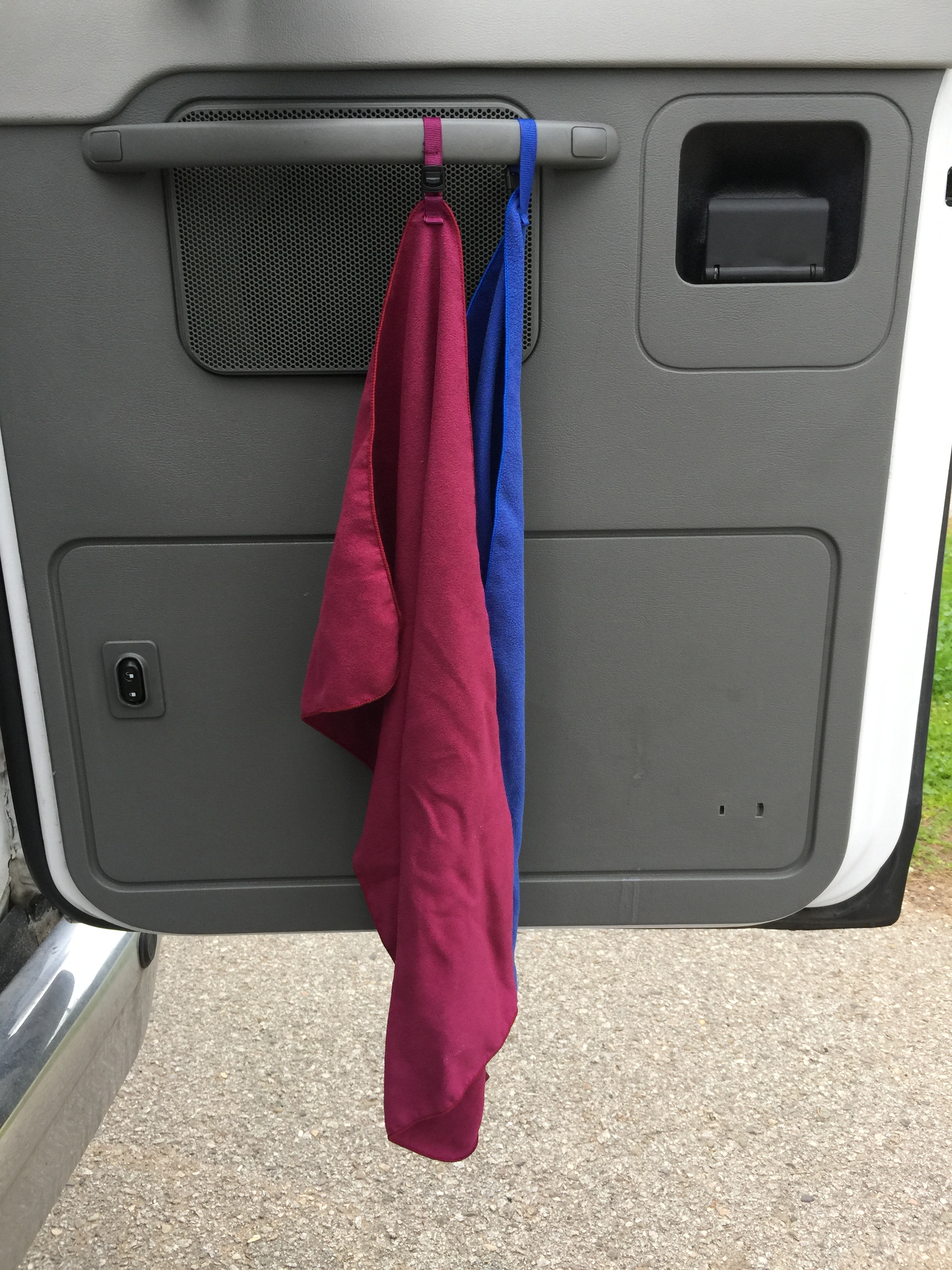 A pair of microfiber towels from REI for drying dishes