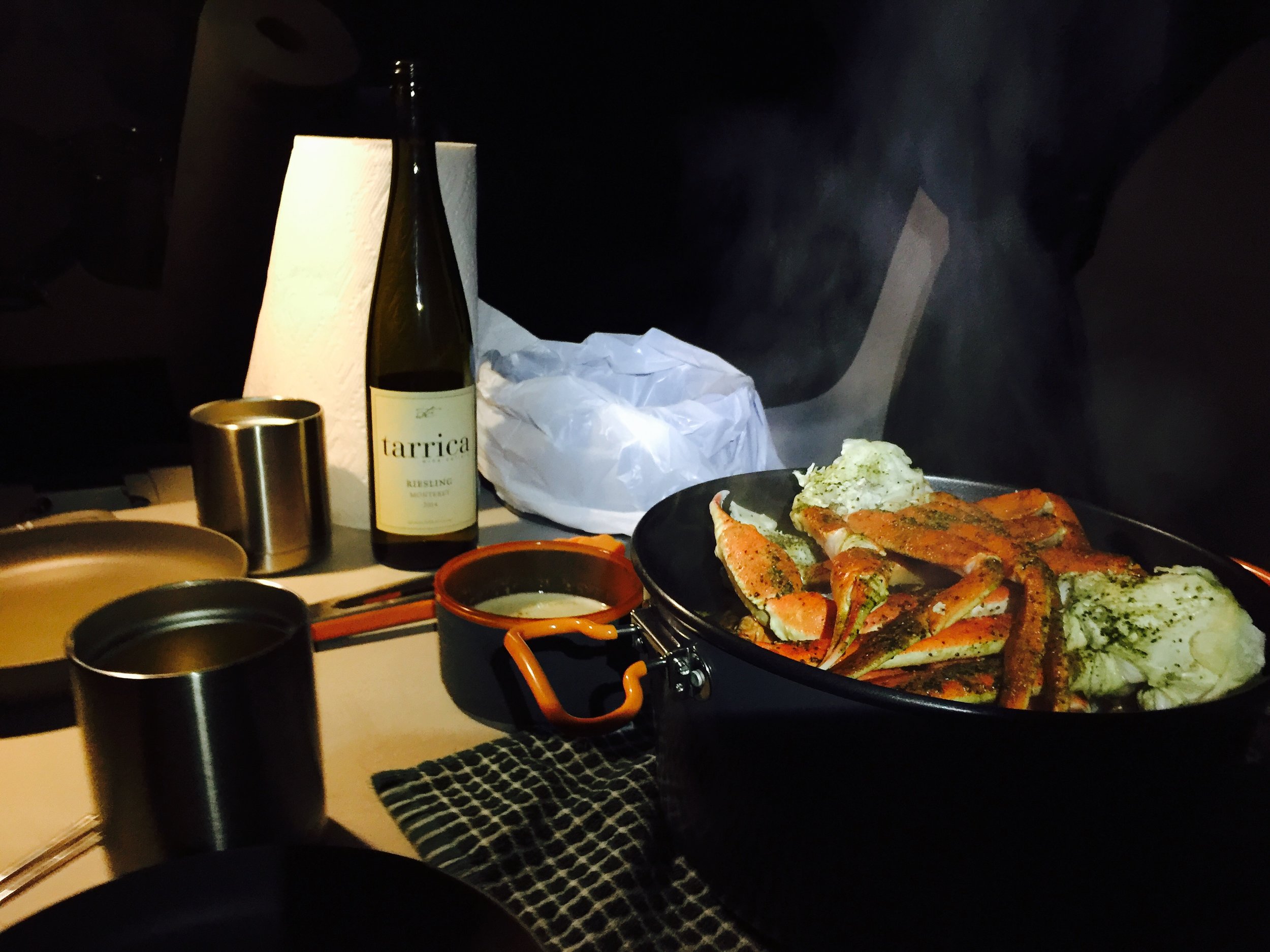 Your imagination is the limit when it comes to van dinners. We steamed a pot of crab legs and shrimp, along with drawn butter and a local California wine!