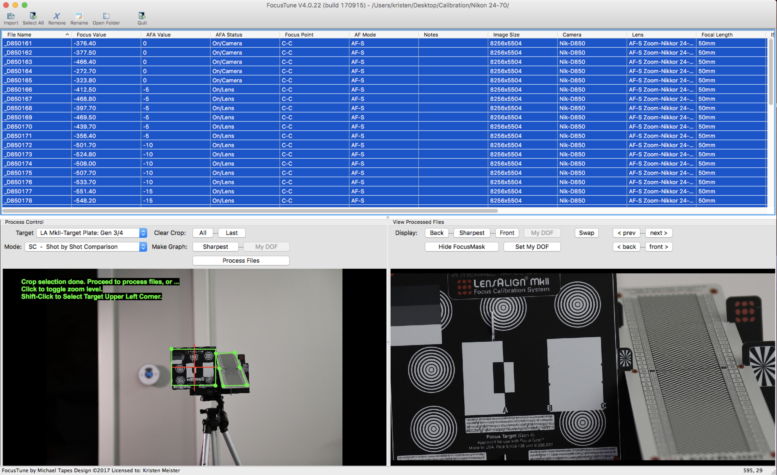 The Focus Tune software with all of the images imported and the neon green target set.