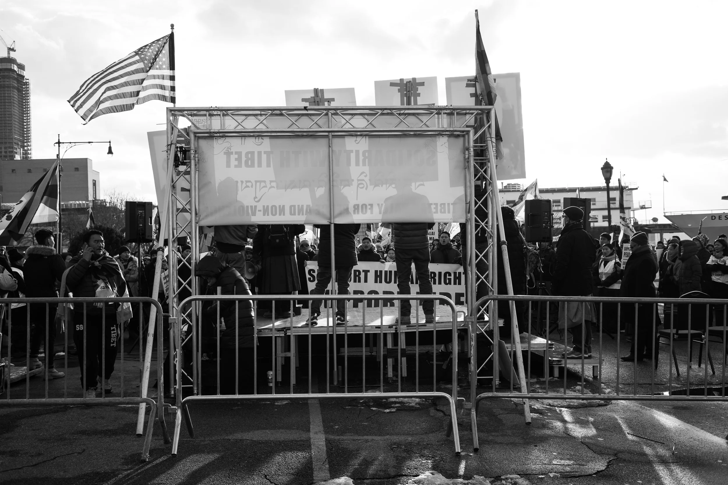 Stage. Rally goers assembled for a speech near the Chinese consulate. Leica M10 with 35mm Summicron f/2.