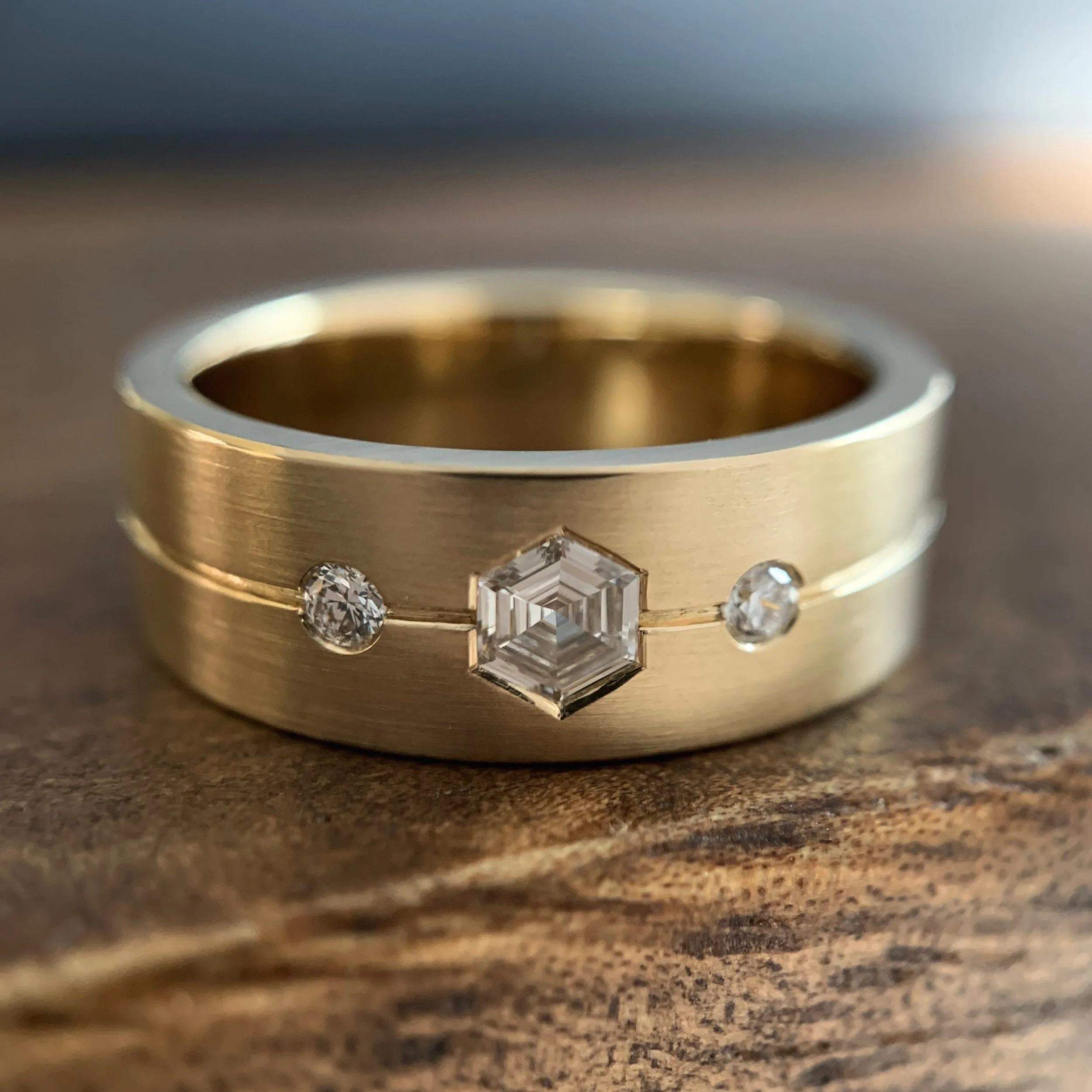 Hexagon diamond ring, men’s ring, unisex ring, hexagonal diamond, Elliot Gaskin Jewelry, New York