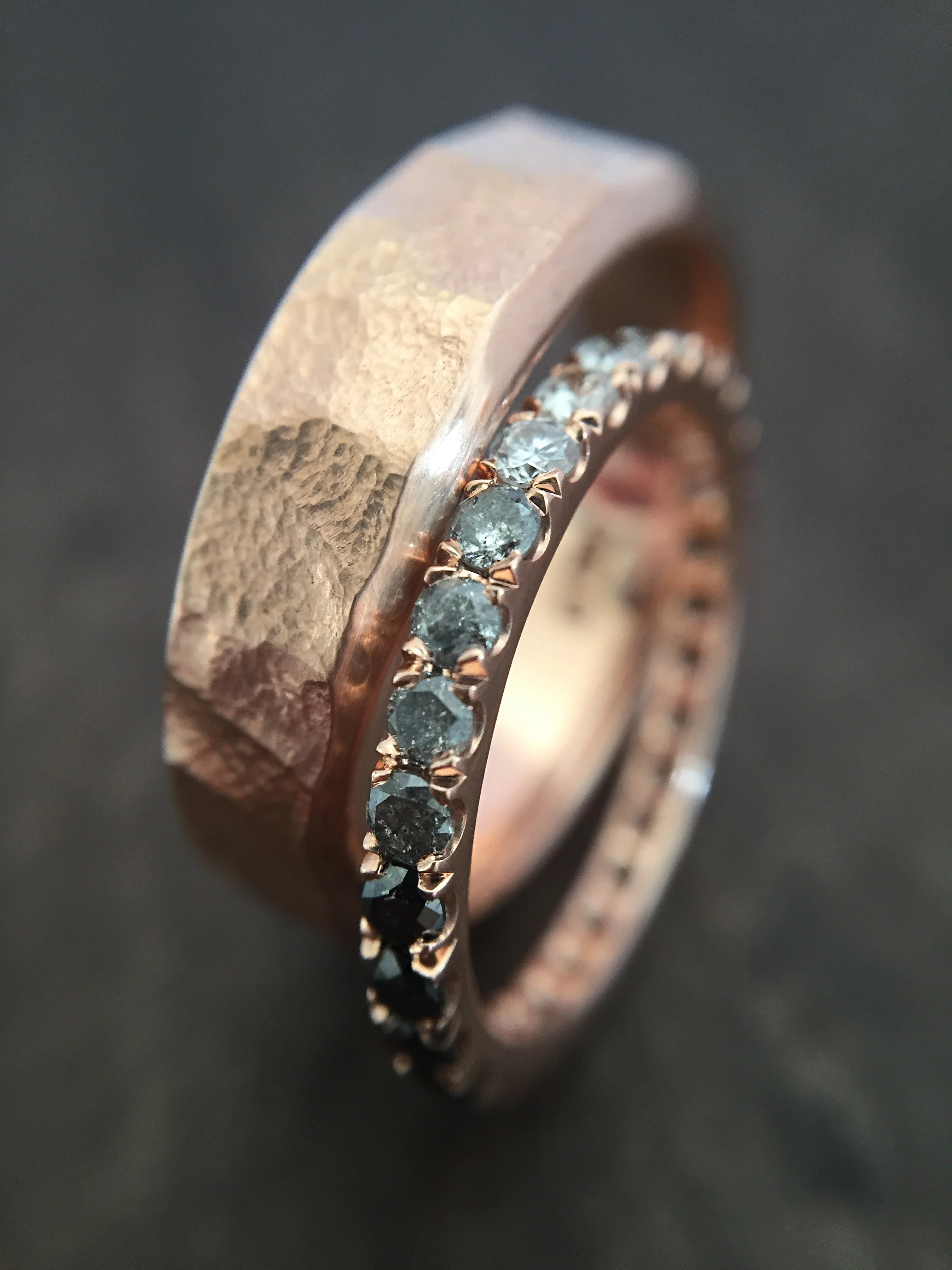 diamond ombre ring, eternity ring, full eternity, grey diamonds, black diamonds, gold, diamond, wedding band, handmade jewelry, recycled gold, fine jewelry, Elliot Gaskin, jewelry, New York City