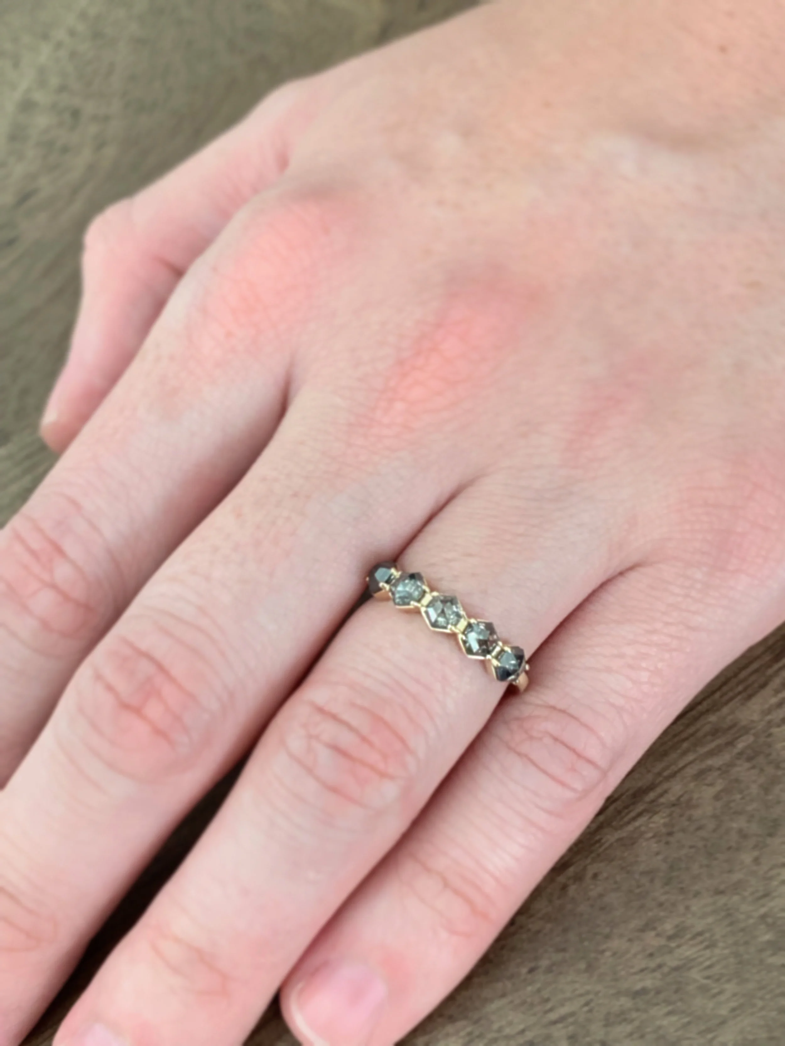 5 hexagon grey diamond ring, hexagon rose cut diamonds, grey diamonds, 5 stones, half eternity, gold, recycled gold, wedding band, handmade jewelry, fine jewelry, Elliot Gaskin, New York City, jewelry