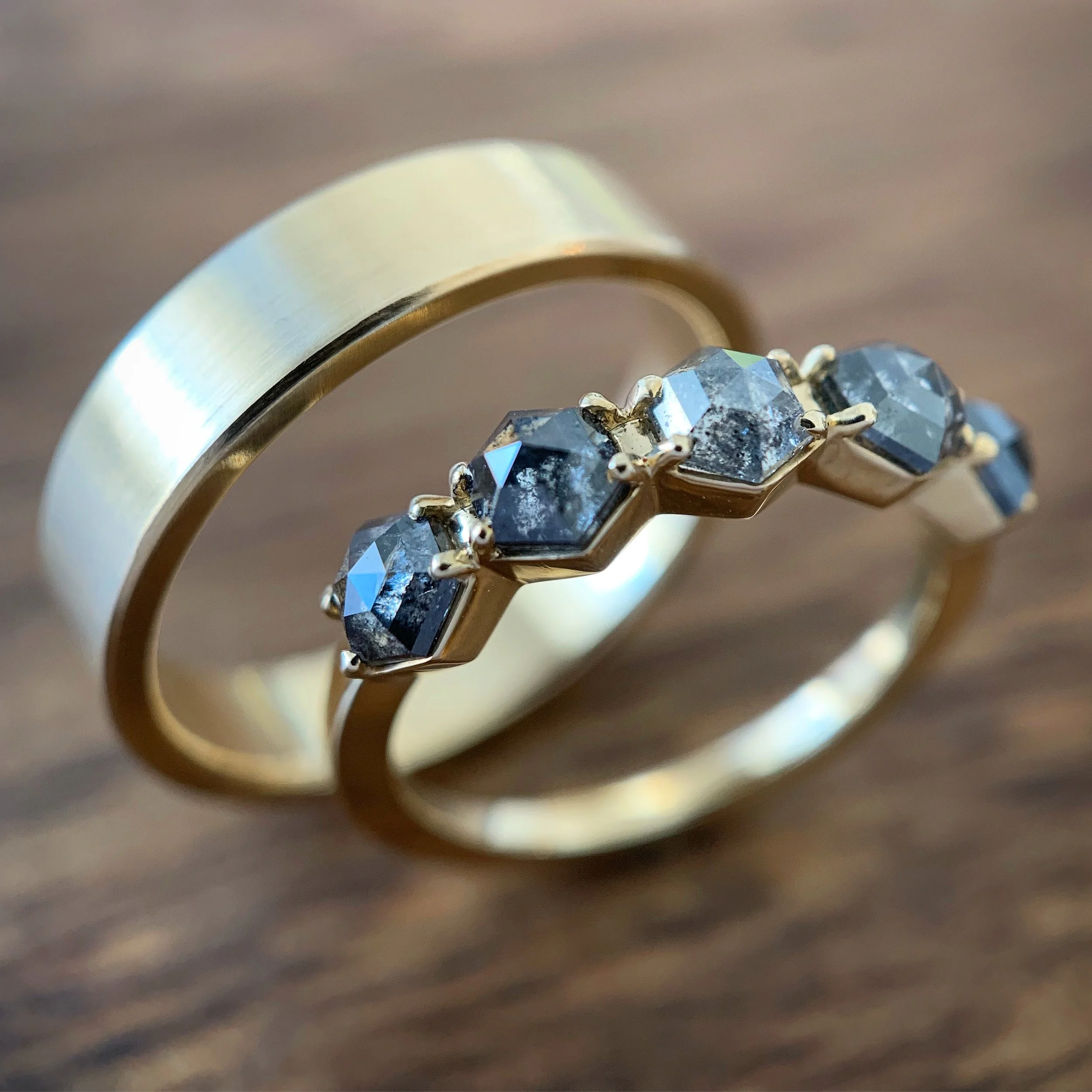 5 hexagon grey diamond ring, hexagon rose cut diamonds, grey diamonds, 5 stones, half eternity, gold, recycled gold, wedding band, handmade jewelry, fine jewelry, Elliot Gaskin, New York City, jewelry