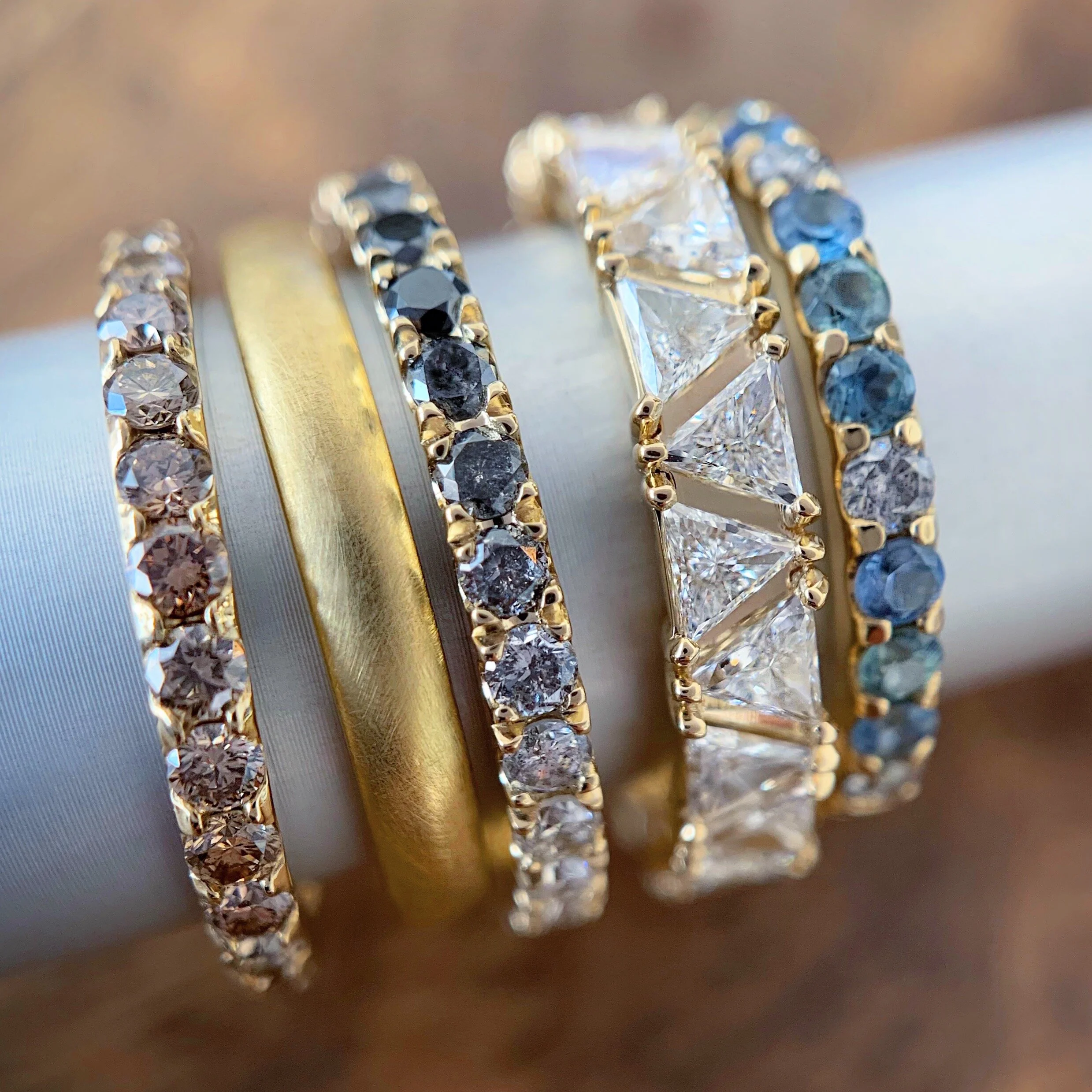 Luxe infinity triangle ring, triangle diamonds, eternity ring, trillion diamonds, gold, diamond, wedding band, handmade, recycled gold, fine jewelry, Elliot Gaskin, jewelry, New York City