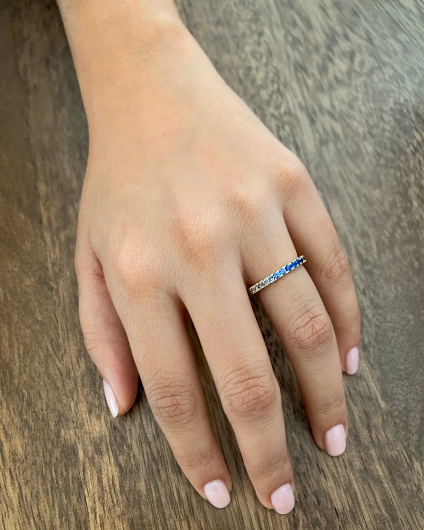 blue sapphire ombré ring, sapphire ring, Shawn Mendes, Elliot Gaskin, New York City, eternity band, wedding band, recycled gold, ethically sourced stones, fine jewelry, handmade jewelry, gold