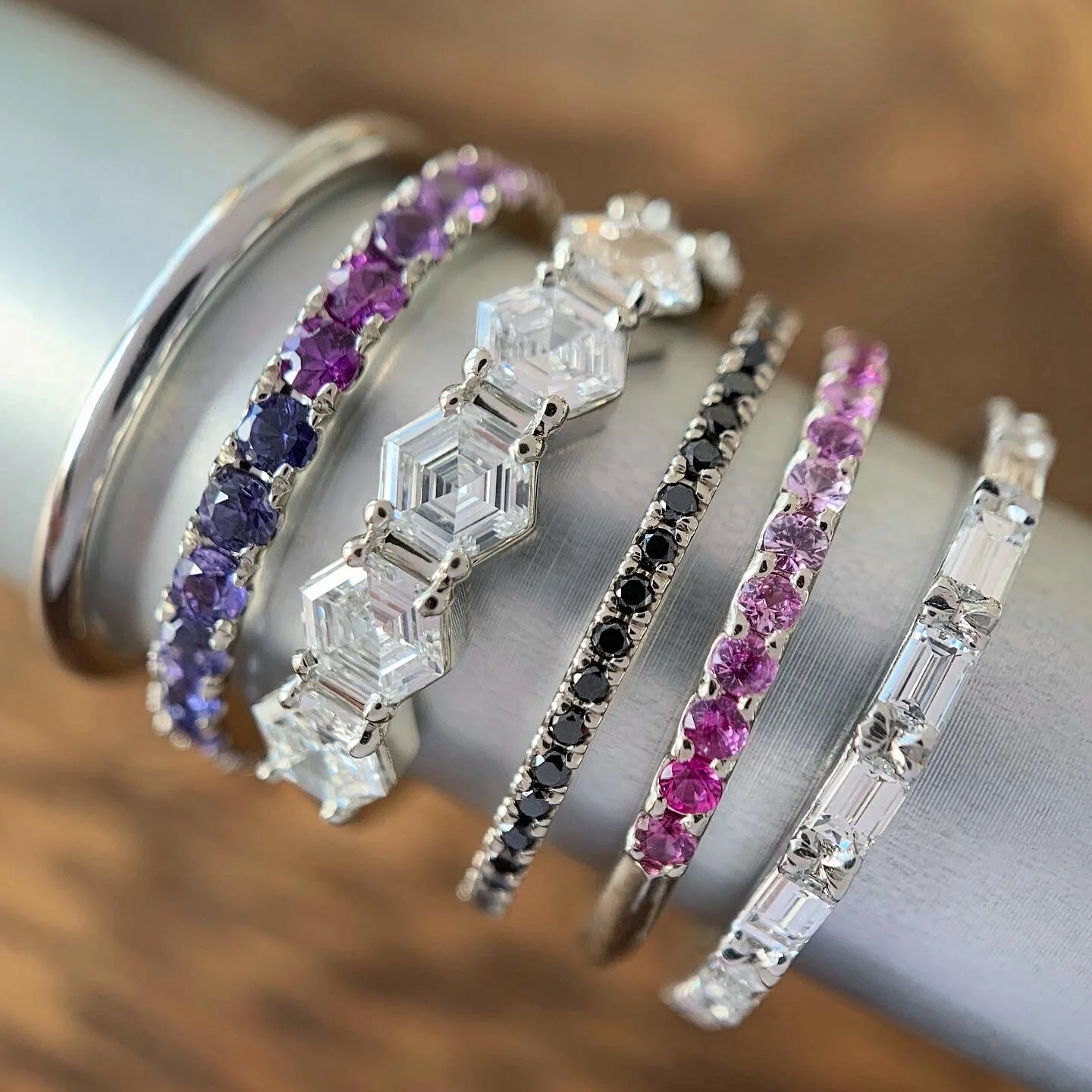 pink sapphire ombre ring, pink sapphires, ombre, 1/3 eternity, sapphires, gold, recycled gold, fine jewelry, handmade jewelry, Elliot Gaskin, New York City, jewelry