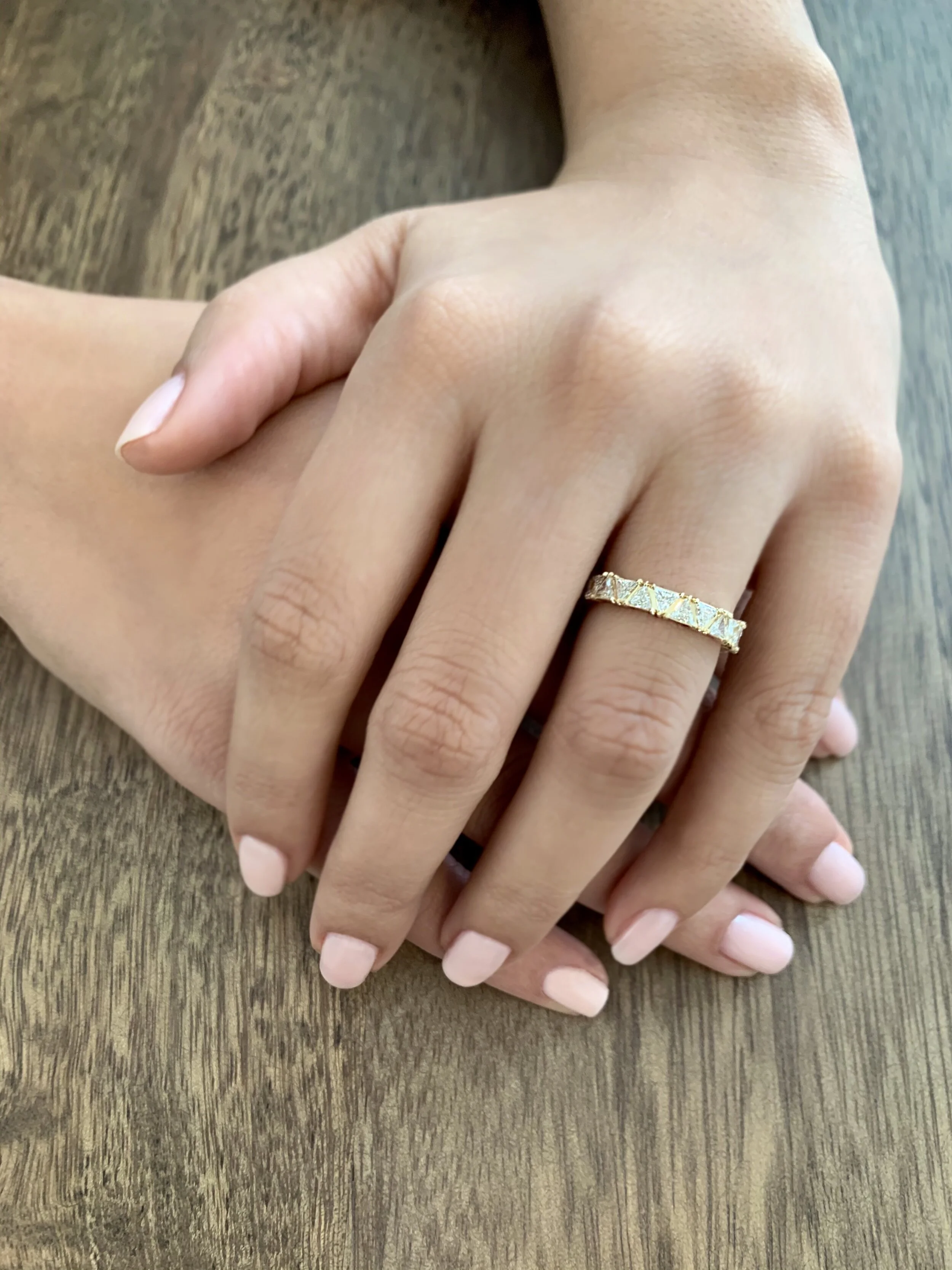 12 triangle diamond ring, triangle diamonds, trillion diamonds, gold, diamond, wedding band, handmade, recycled gold, fine jewelry, Elliot Gaskin, jewelry, New York City