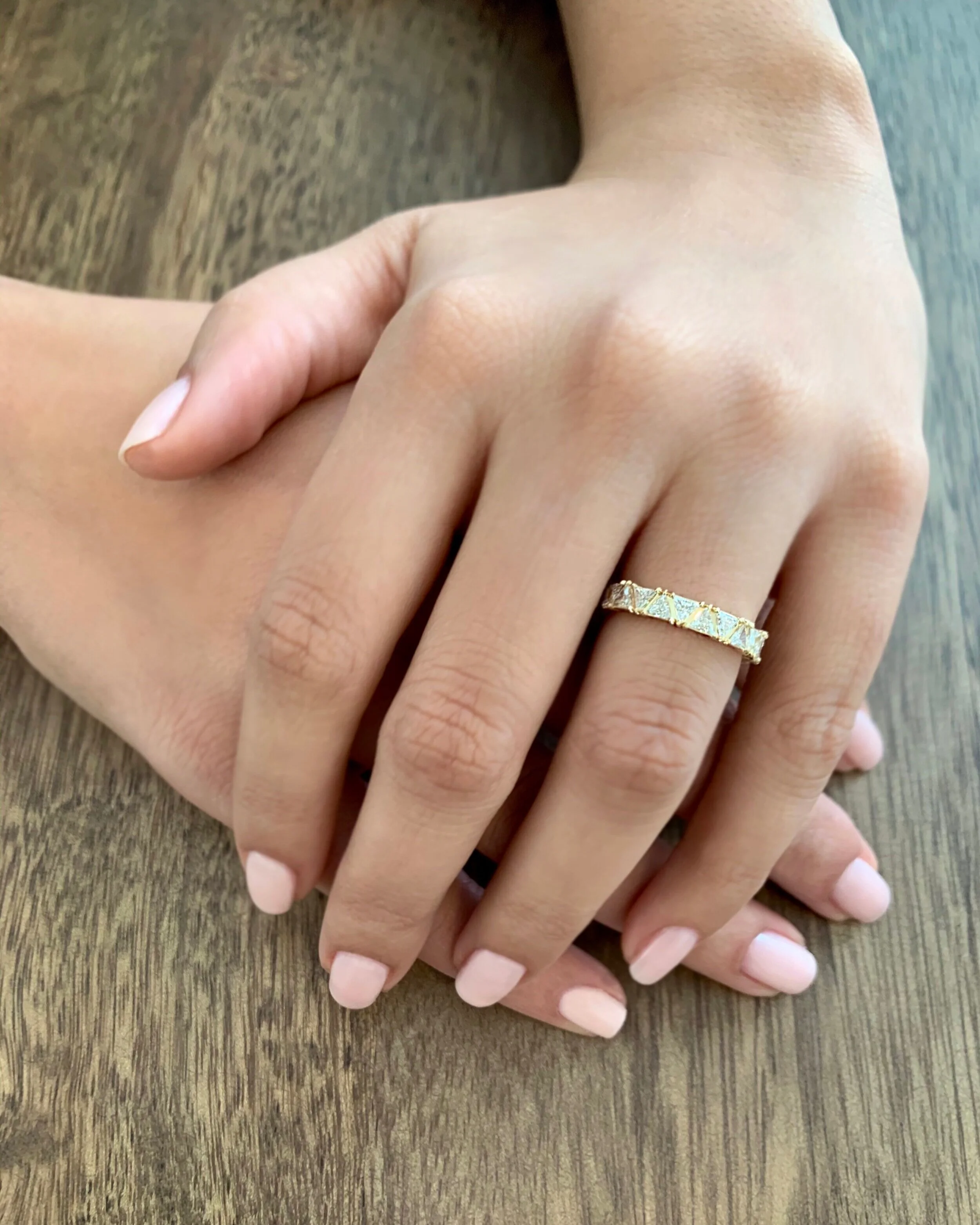 Luxe infinity triangle ring, triangle diamonds, eternity ring, trillion diamonds, gold, diamond, wedding band, handmade, recycled gold, fine jewelry, Elliot Gaskin, jewelry, New York City