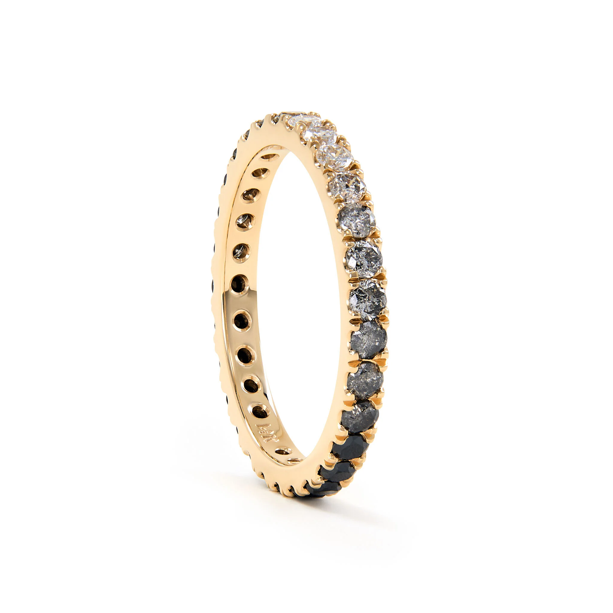 diamond ombre ring, eternity ring, full eternity, grey diamonds, black diamonds, gold, diamond, wedding band, handmade jewelry, recycled gold, fine jewelry, Elliot Gaskin, jewelry, New York City