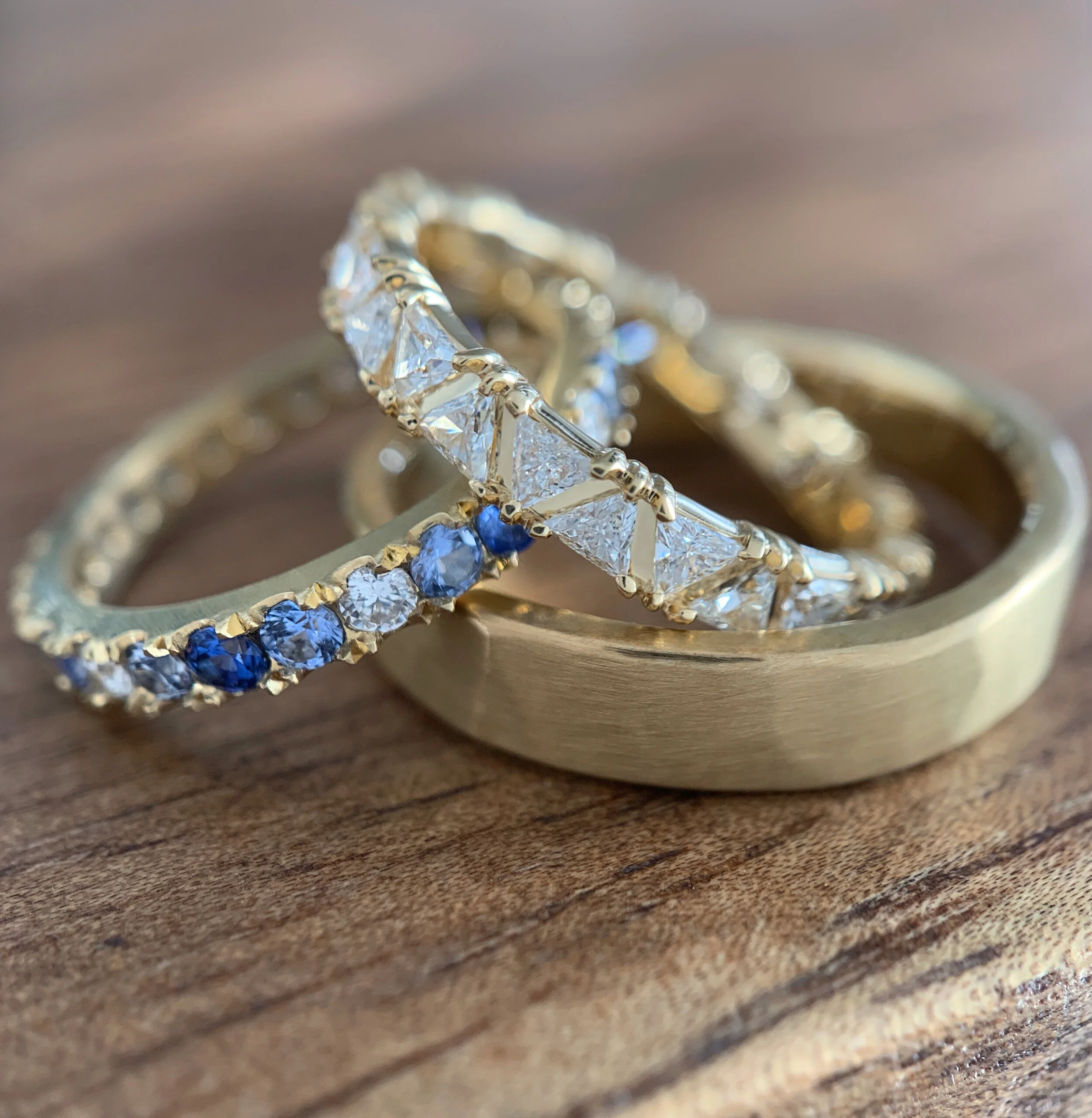 infinity triangle ring, triangle diamonds, eternity ring, trillion diamonds, gold, diamond, wedding band, handmade, recycled gold, fine jewelry, Elliot Gaskin, jewelry, New York City